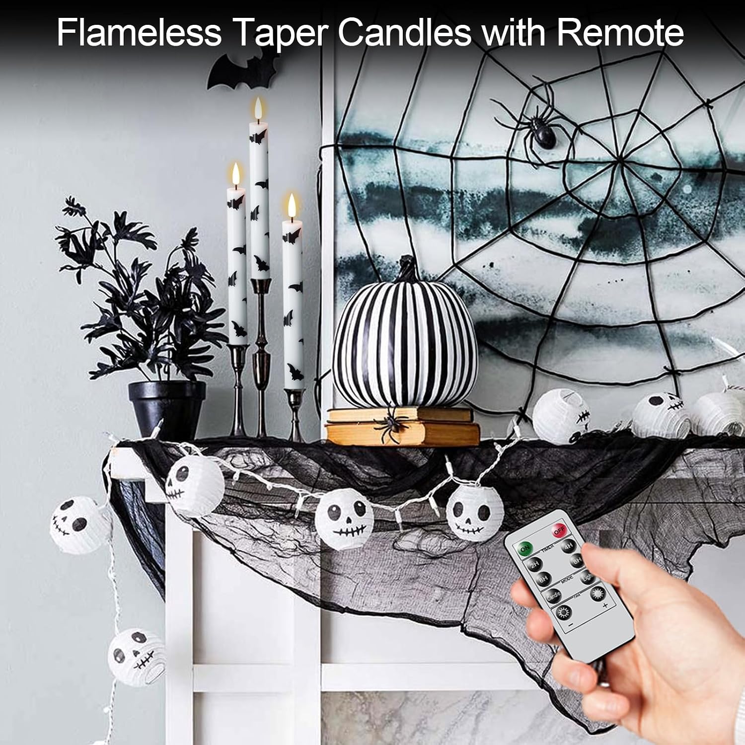 GenSwin Halloween Flameless Taper Candles, 4 Pack LED Taper Candles Battery Operated with Remote Timer, Real Wax White