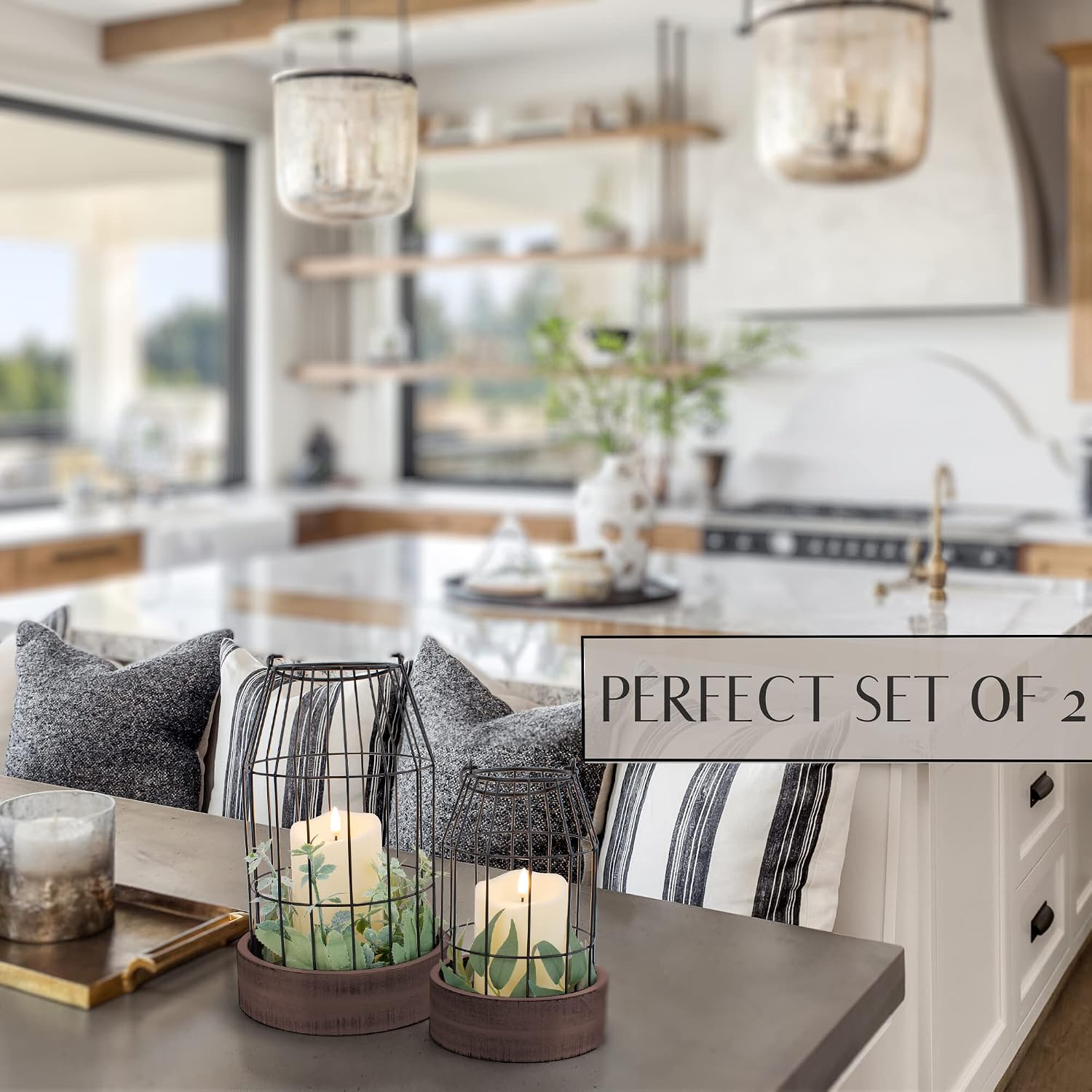 Rustic Farmhouse Lantern Decor Set of 2 - Stylish Decorative Lanterns | Modern Indoor/outdoor Coffee Table Decor for