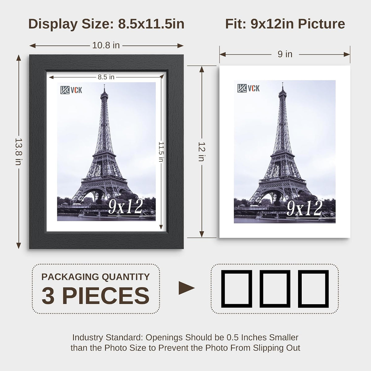 VCK 9x12 Picture Frames - Black, Wide Border Solid Wood Frame, Display Photo in Horizontal and Vertical, for Home