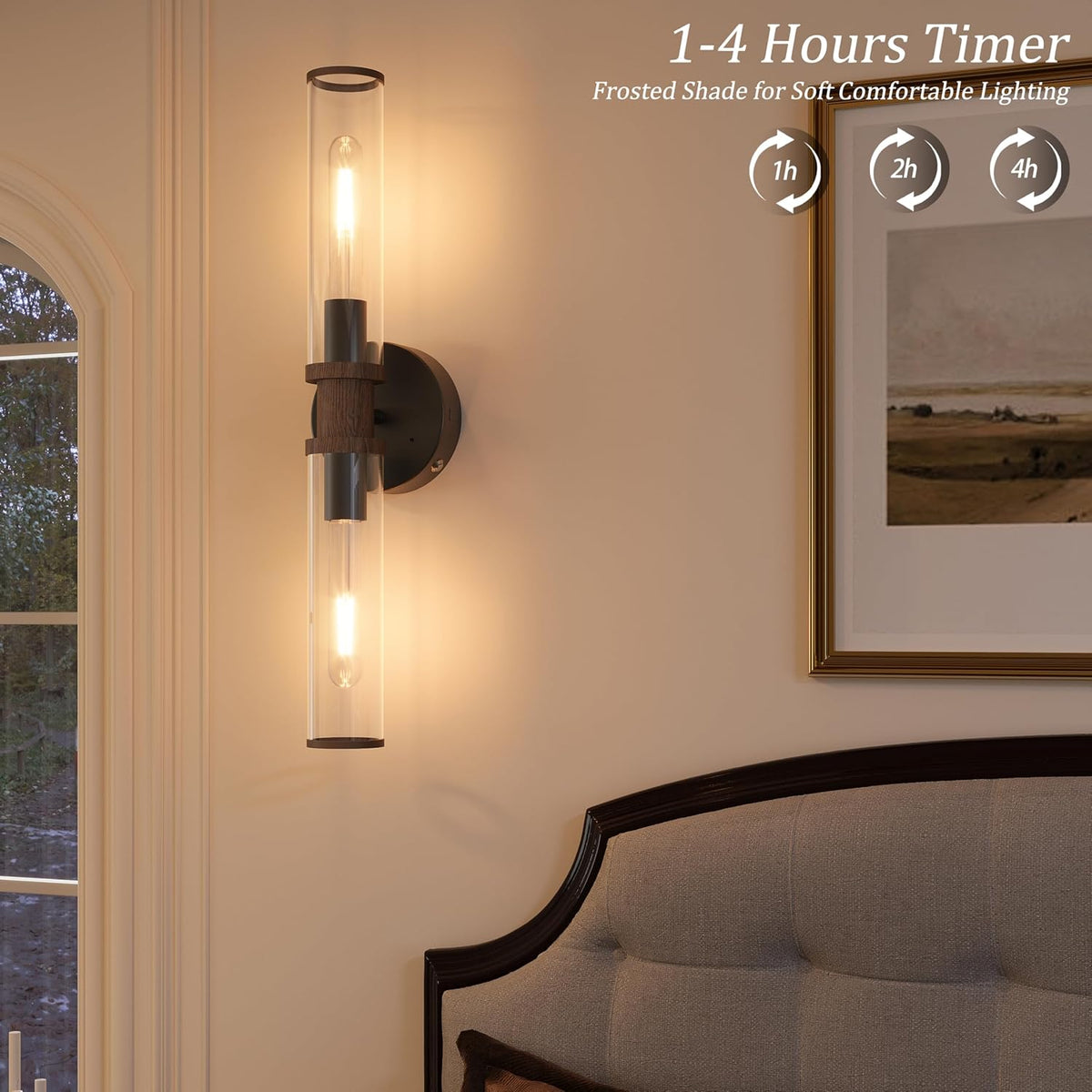 Rayogale Black & Walnut Wireless Battery Operated Wall Sconces with Remote | Glass Rechargeable Wall Lights Set of 2