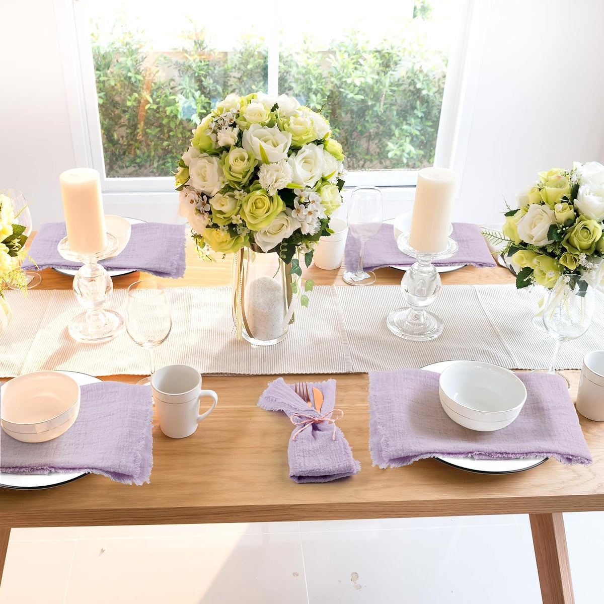 TURSTIN 24 Pieces Lavender Purple Cotton Linen Wedding Napkin Square Rustic Fringe Table Napkin for Dinners, Parties