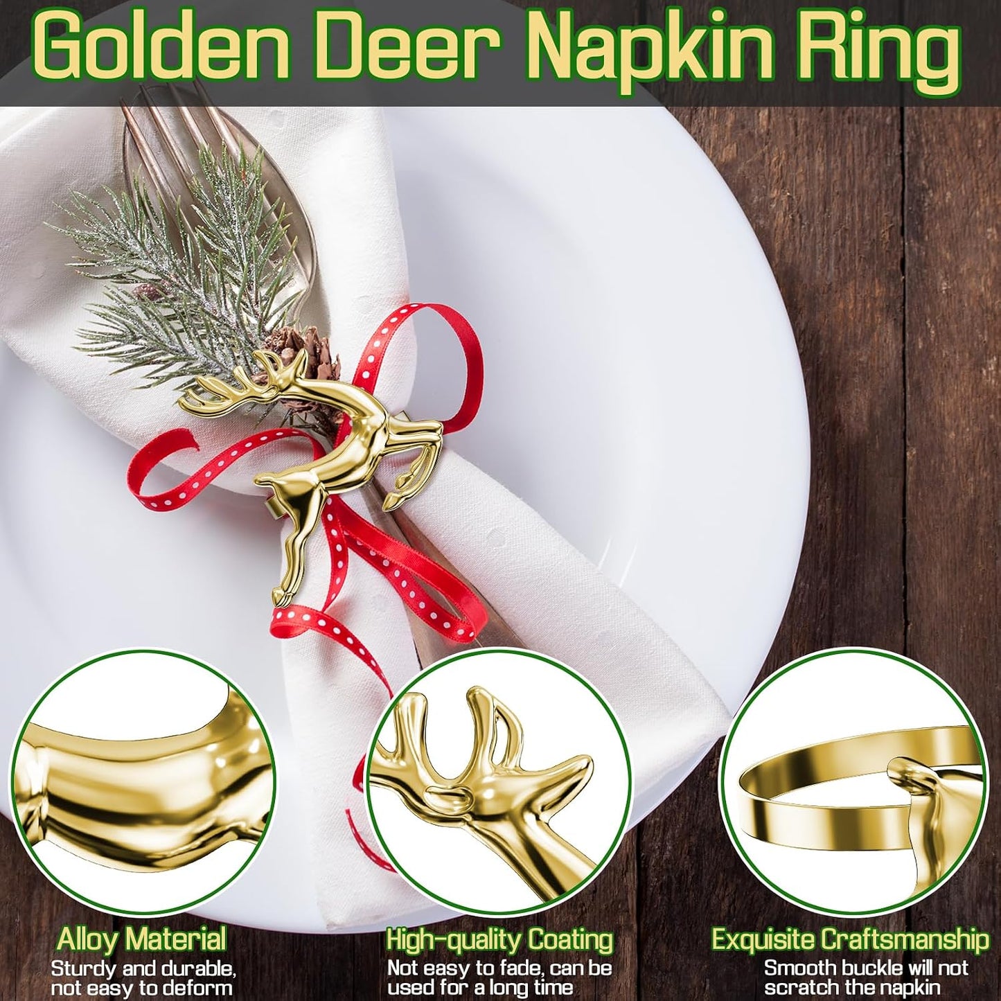 Christmas Gold Reindeer Napkin Rings Set of 12 for Table Decoration | 12 Pcs Reusable Gold Reindeer Napkin Holder Ring