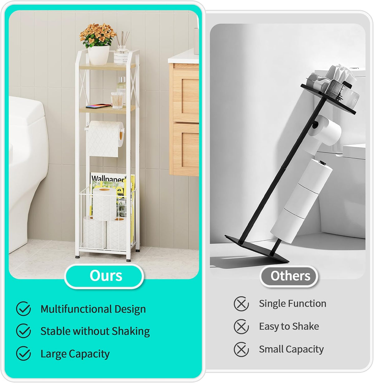HapiRm Freestanding Toilet Paper Holder - 4-Tier Bathroom Tissue Organizer with Wood Shelves and Large Basket, Toilet