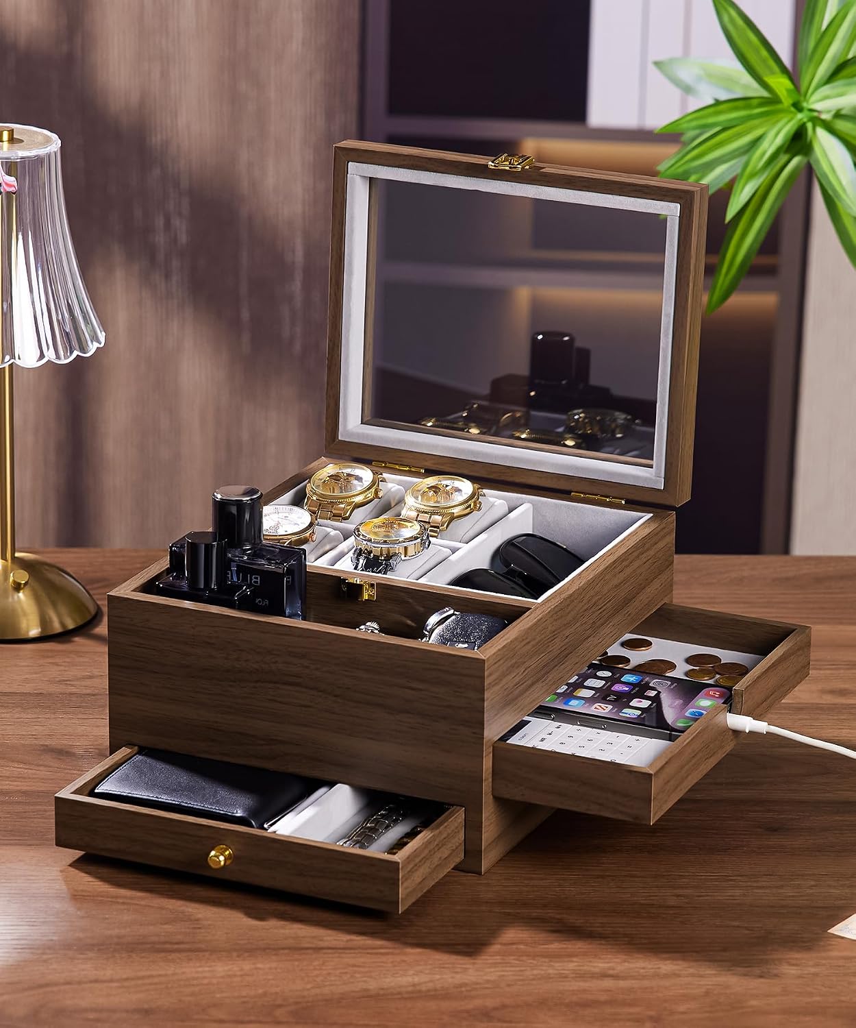 Homde Wooden Watch Box for Men: 3-Layer Organizer with 4 Watch Pillow | 4 Watch Pillows and 2 Drawers for Jewelry and