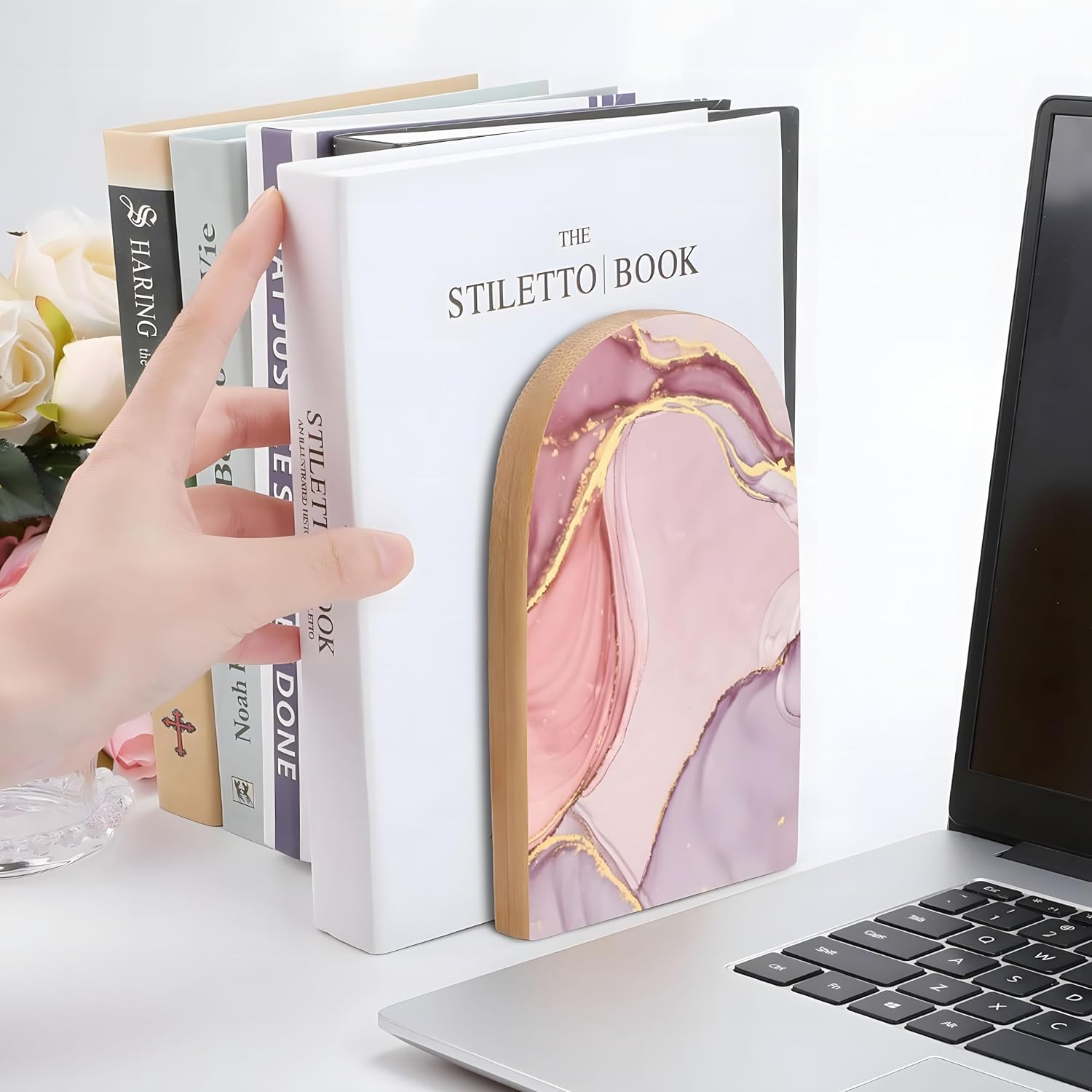 Wood Bookends / Glitter Rose Gold Marble Book Ends Book Stand Supports / Pink / Set of 2
