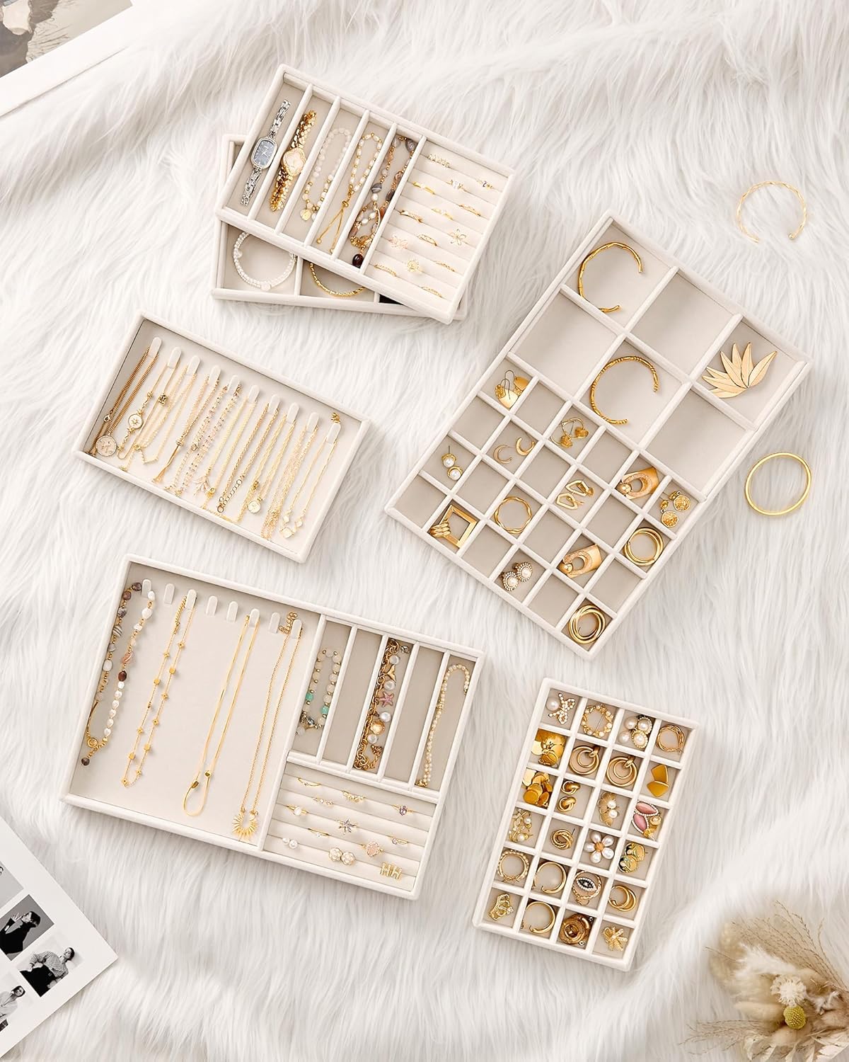 Stackable Velvet Tray Jewelry Storage Organizers Set Display Cases / Beige / A5 Size, 4 Packs