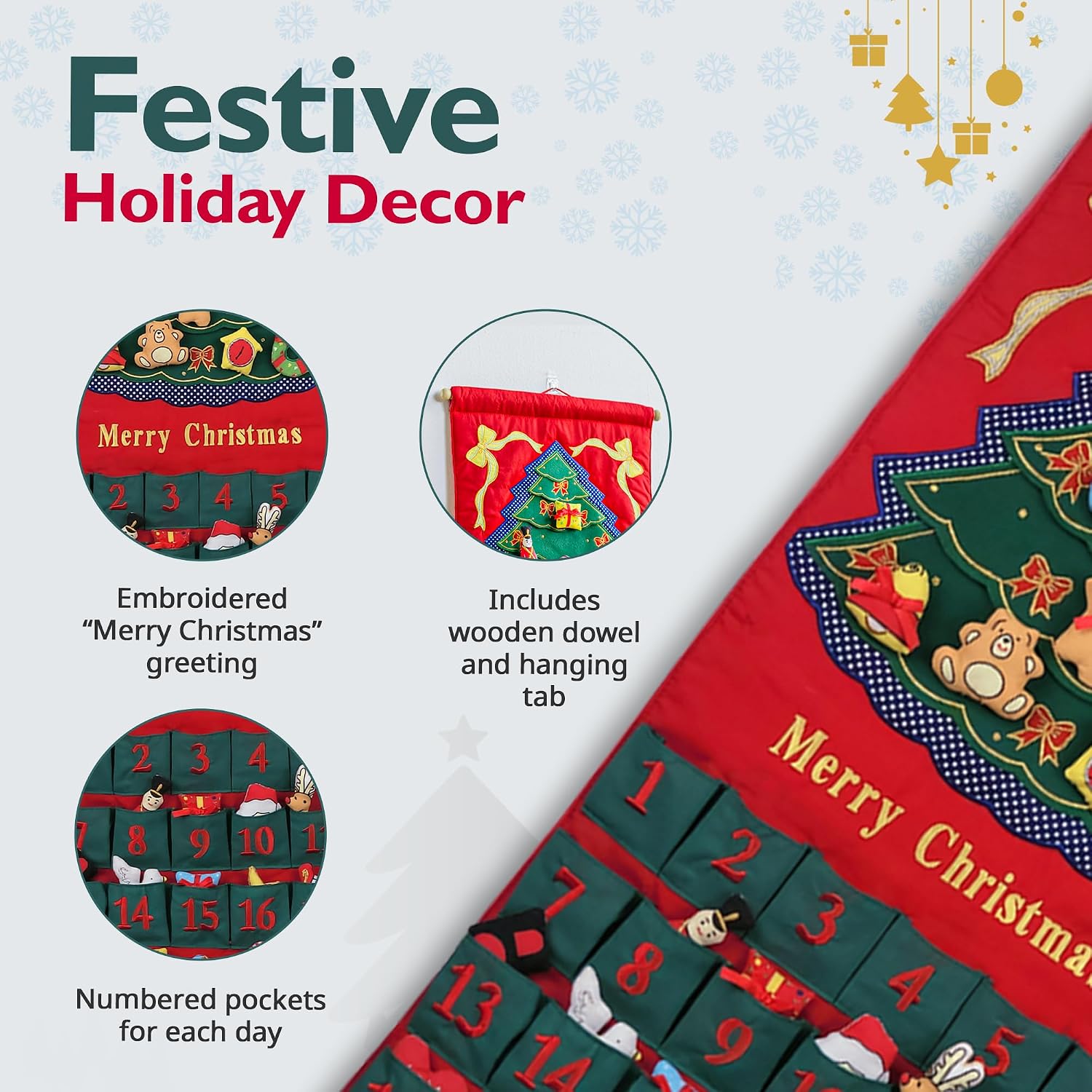 Merry Christmas Green Tree Advent Calendar by Pockets of Learning | Festive Holiday Décor, Seasonal Fabric Wall Hanging