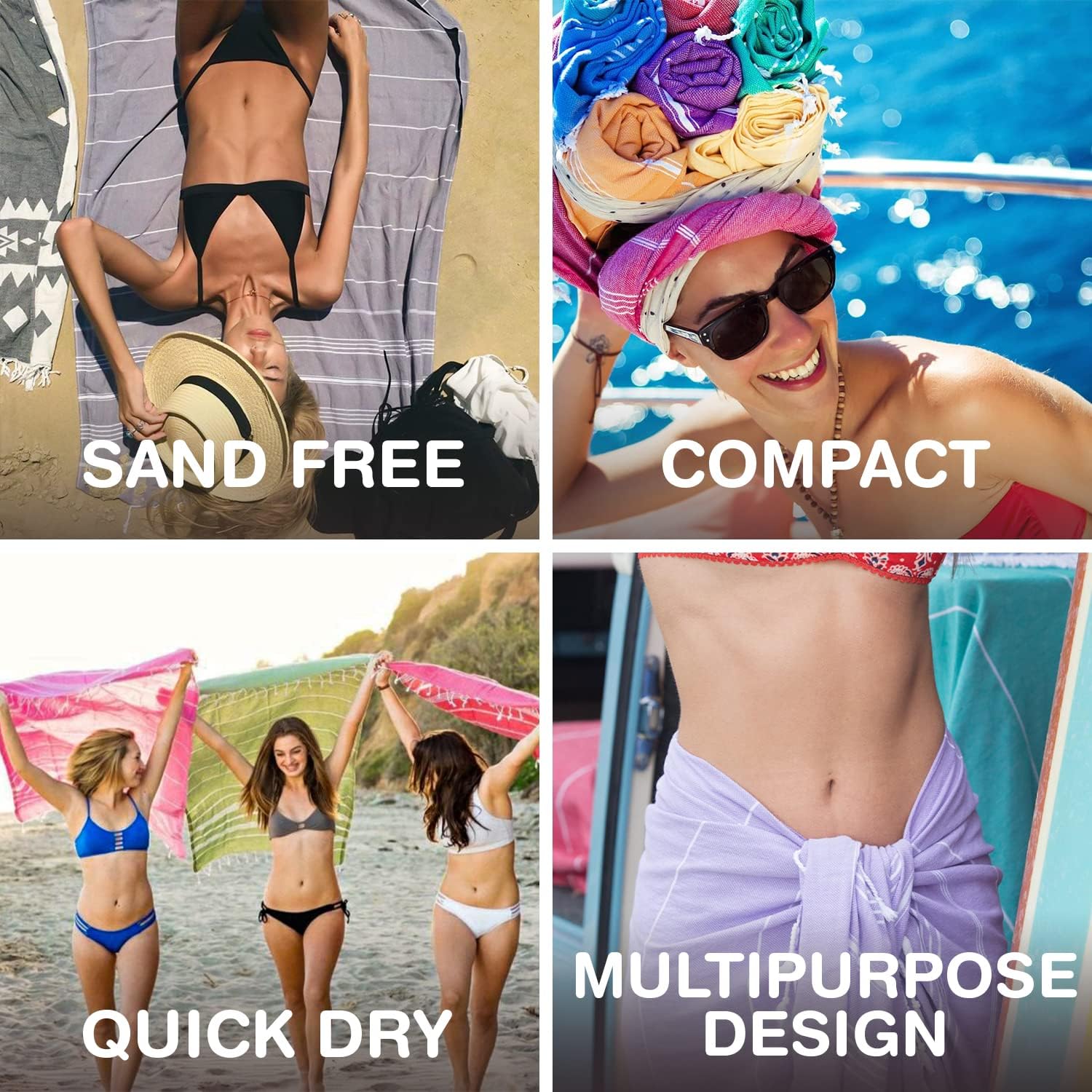 Oversized Turkish Beach Towel 38’’x71’’ - Set of 4 | 100% Turkish Cotton Lightweight Sand Free Quick Dry Pool Towels