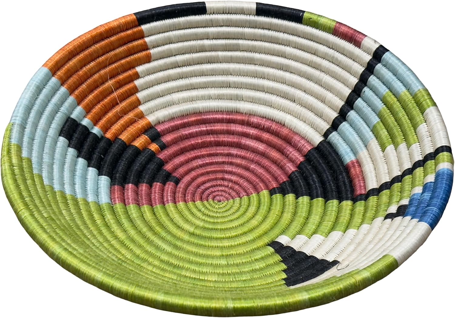 Handwoven African Sisal Basket Bowl Handmade Woven Fruit Bowl / Green Burgundy / 10in Diameter