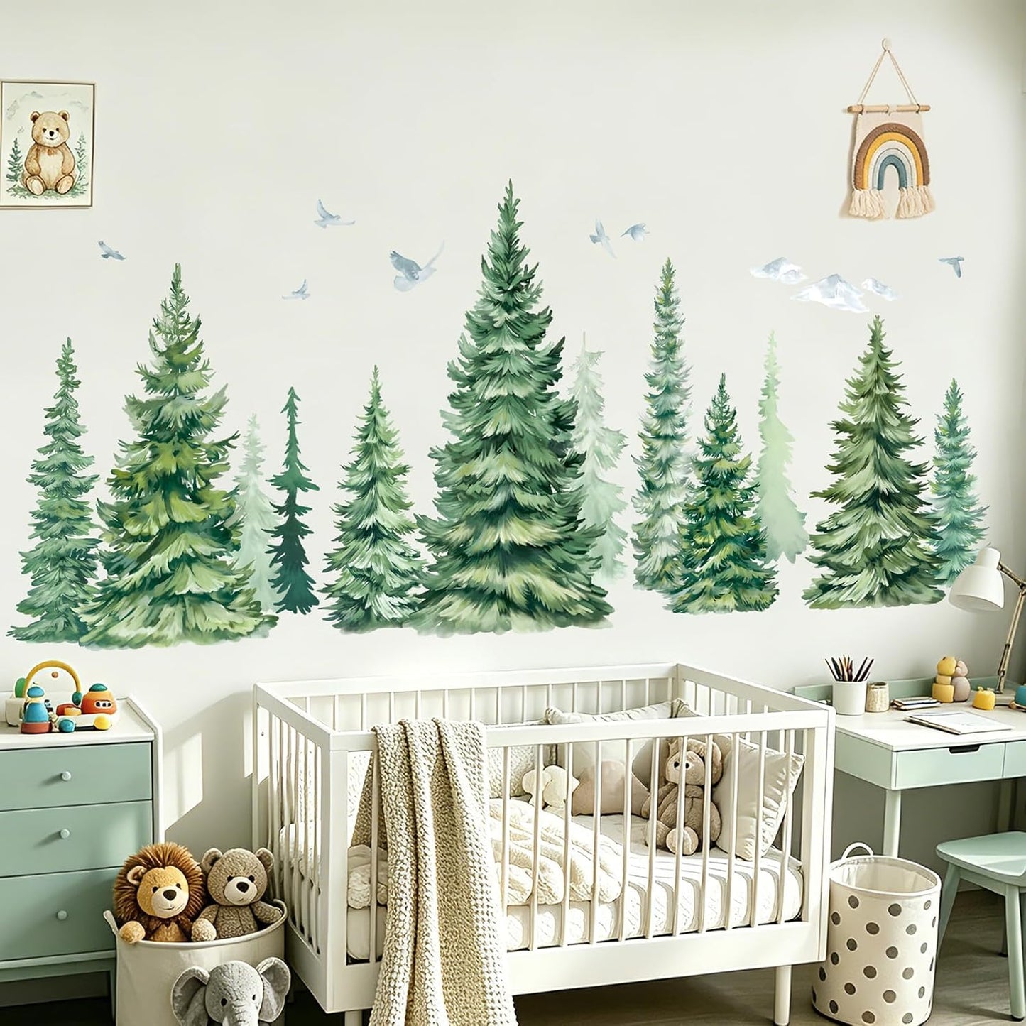 Large Pine Tree Wall Stickers Woodland Mountain Tree Birds Wall Decals Living Room Bedroom Office