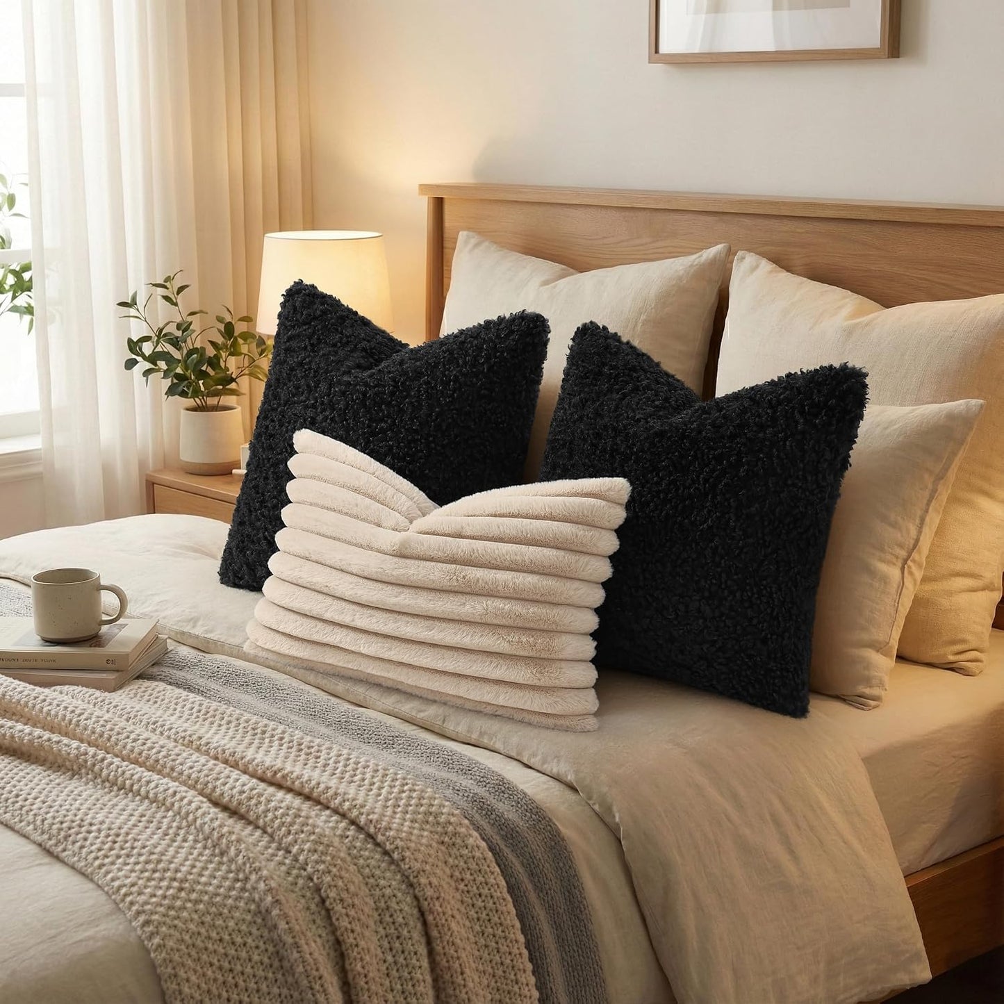 Faux Fur Decorative Sherpa Pillow Covers Fuzzy Accent Soft / Black / 22 x 22 / Set of 2