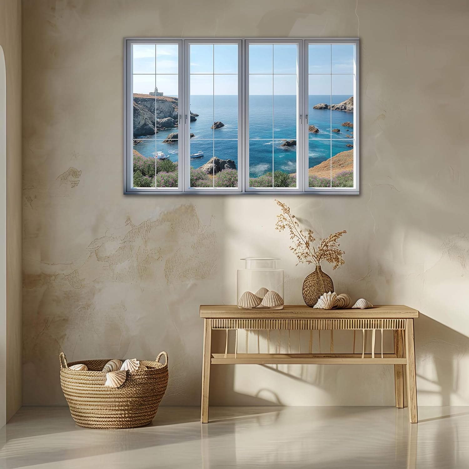 Peel and Stick Fake Window Wall Sticker / Coastal Cliff and Blue Sea / 24'' x 36