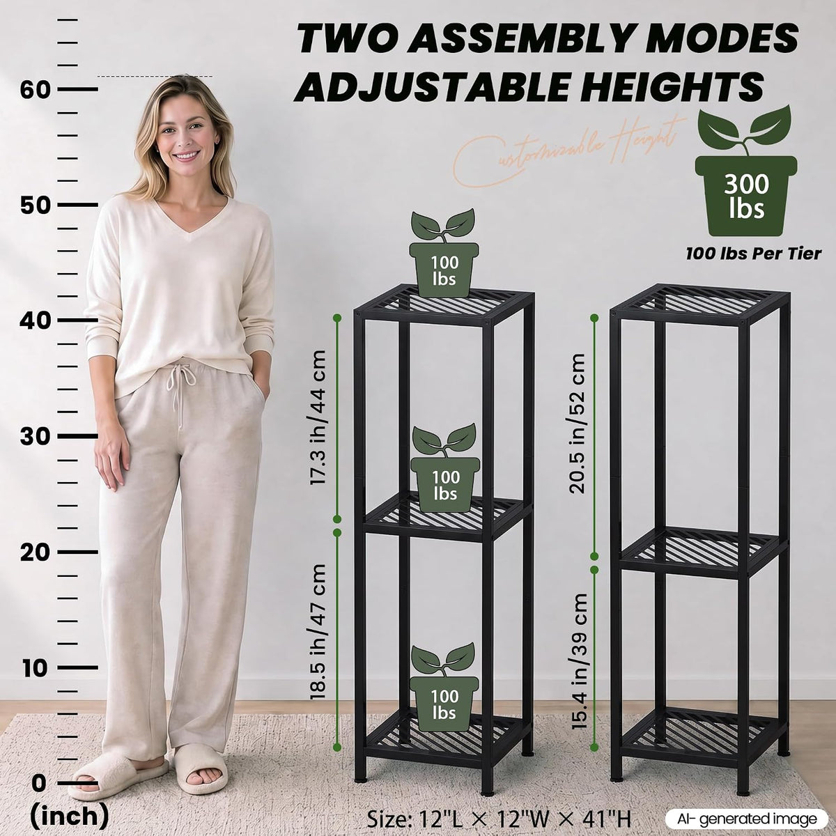 TOSKING Tall 3-Tier Heavy Duty Metal Plant Stand,12"x12"x42" ,Black | Indoor/Outdoor Corner Shelf, 300 LBS, 2 Height
