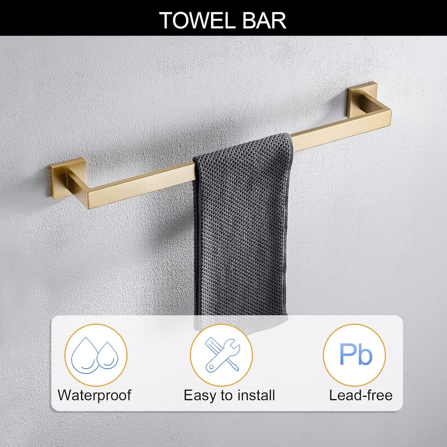 Brushed Gold Towel Bar Set Bathroom Hardware Set, 5 Pieces Gold Bathroom Accessories Set Stainless Steel Wall Mounted