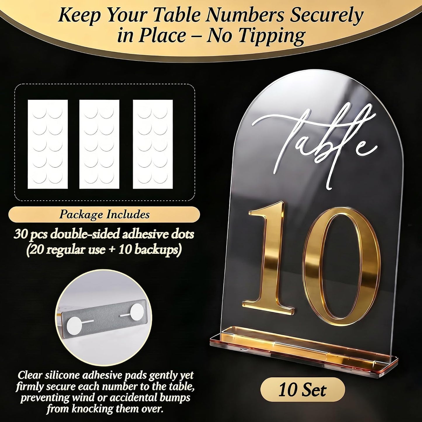 Crystal Clear Acrylic Wedding Table Numbers 1-10 Set, Self-Standing Modern Arched Signs for Reception Seating