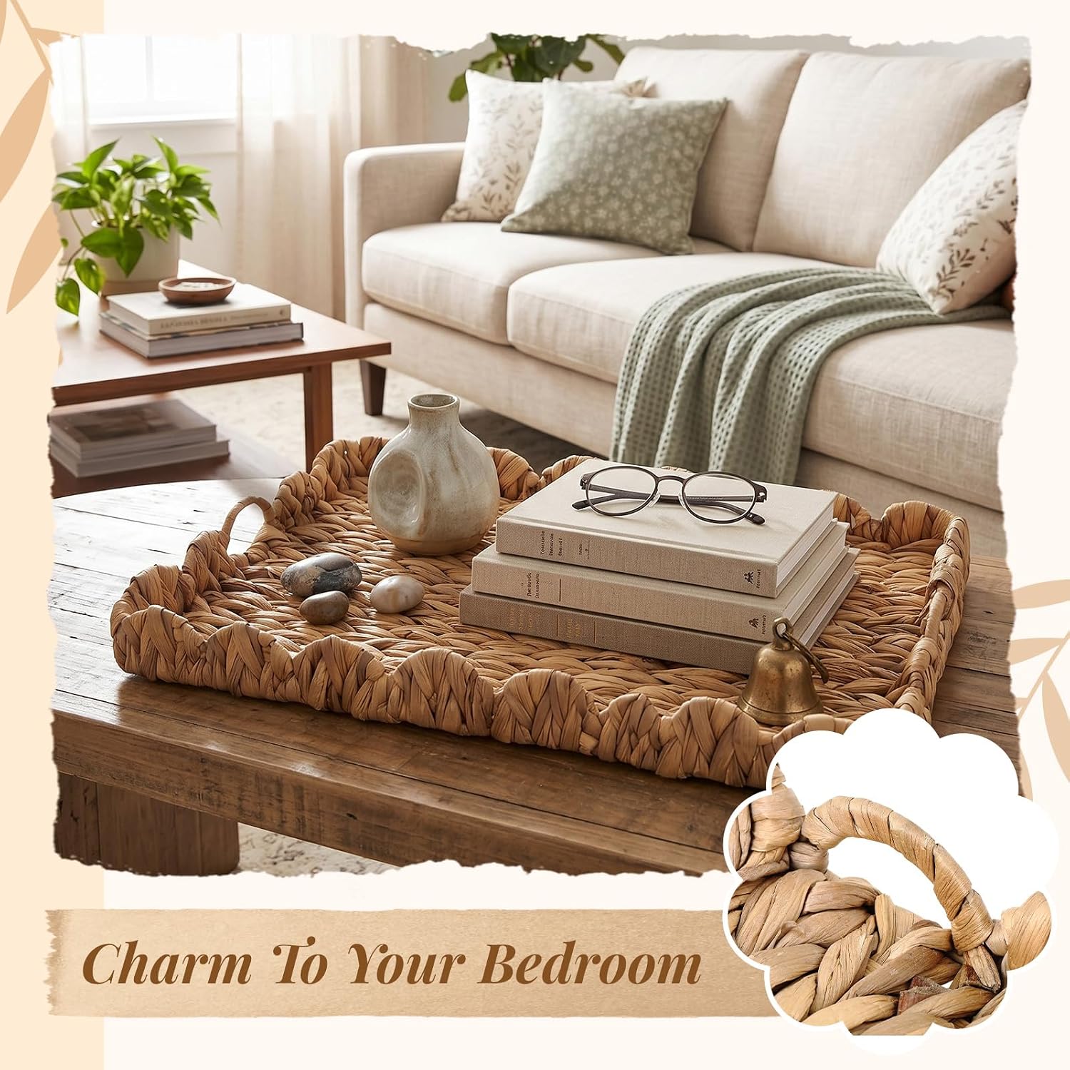 Scalloped Tray " Large Rectangle Woven Decorative Serving Tray / Water Hyacinth / 24 x 18 x 2.4