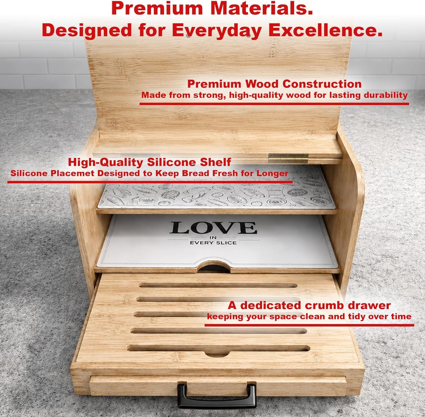 KNIFEPLANET Premium FULLY ASSEMBLED Bamboo Bread Box – Extra Large Real Wood Bread Box for Kitchen Countertop Storage