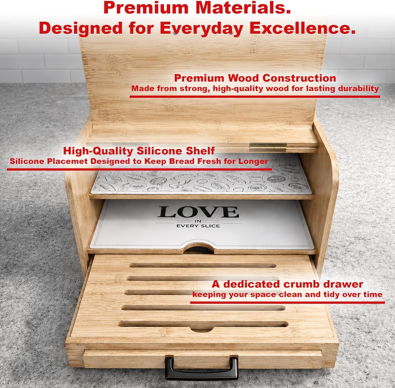 KNIFEPLANET Premium FULLY ASSEMBLED Bamboo Bread Box – Extra Large Real Wood Bread Box for Kitchen Countertop Storage