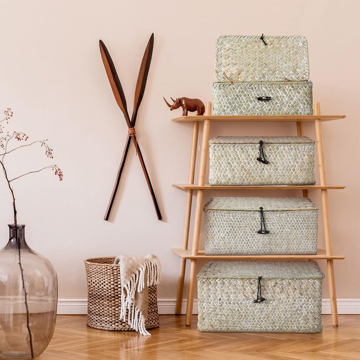 Wicker Baskets / Woven Rectangular Basket Bins / White / Set of 4