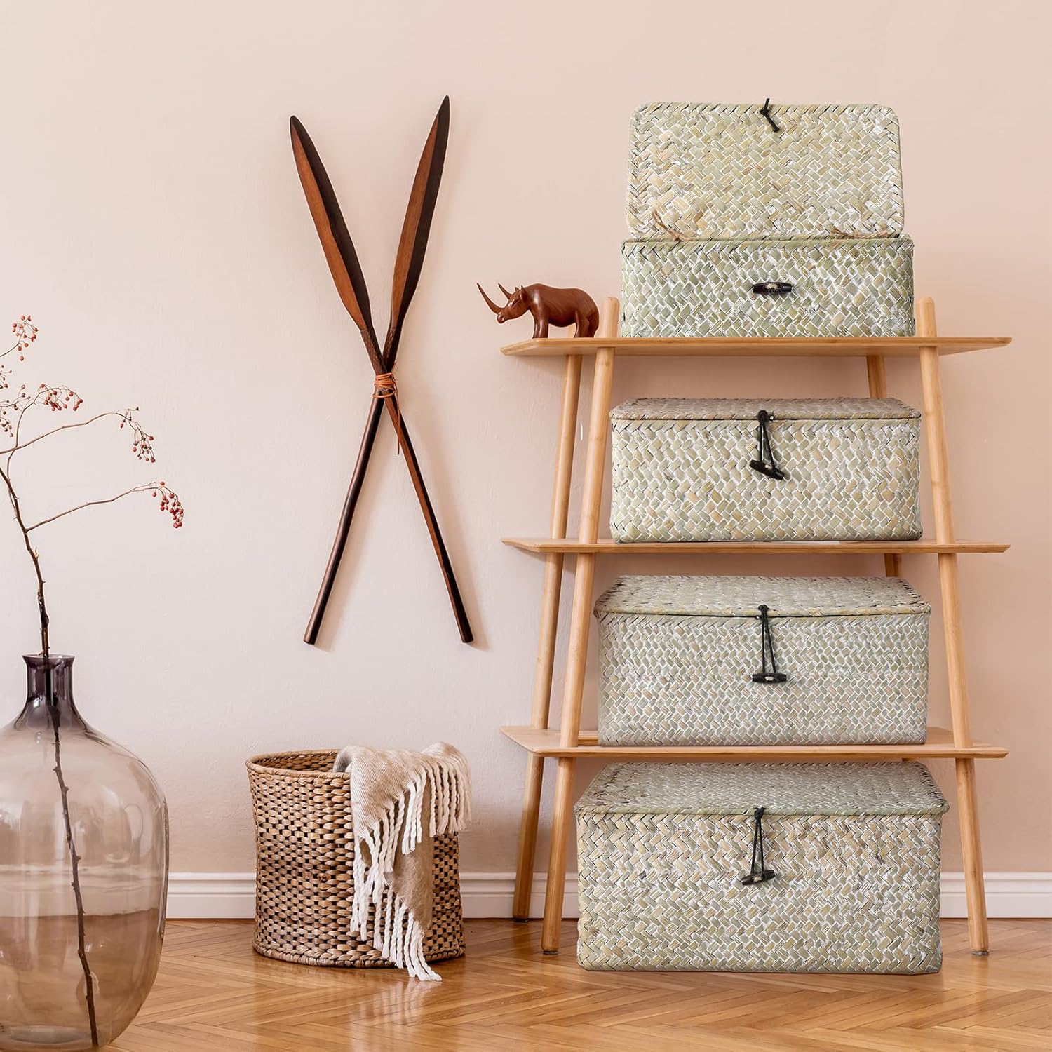Wicker Baskets / Woven Rectangular Basket Bins / White / Set of 4