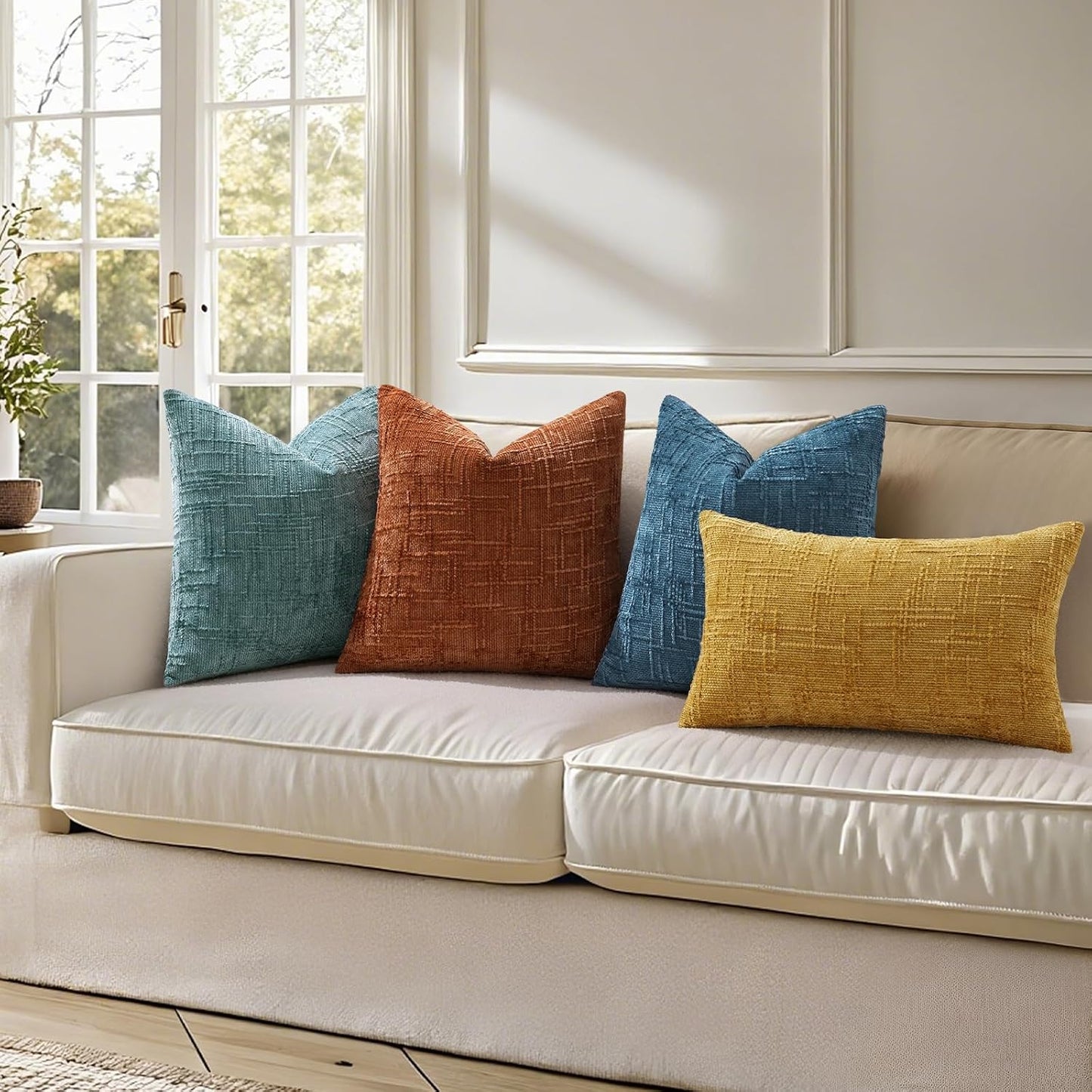 Fall Chenille Throw Pillow Covers Textured Soft Slubby Couch Pillow / Navy Blue / 18 x 18 / Set of 2