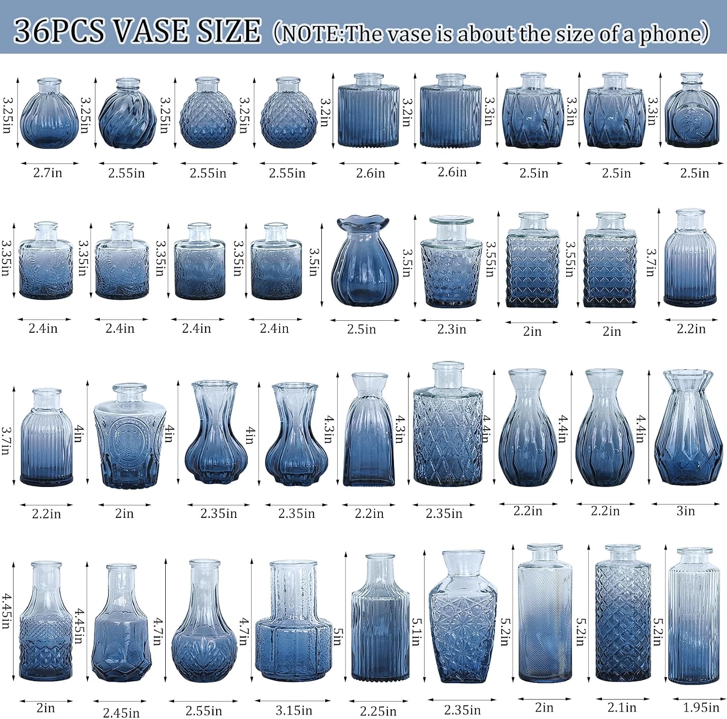 Bud Vases Set Small Vintage Glass Bottles Bud Vases in Bulk Multiple Shape Glass / Blue / Set of 36