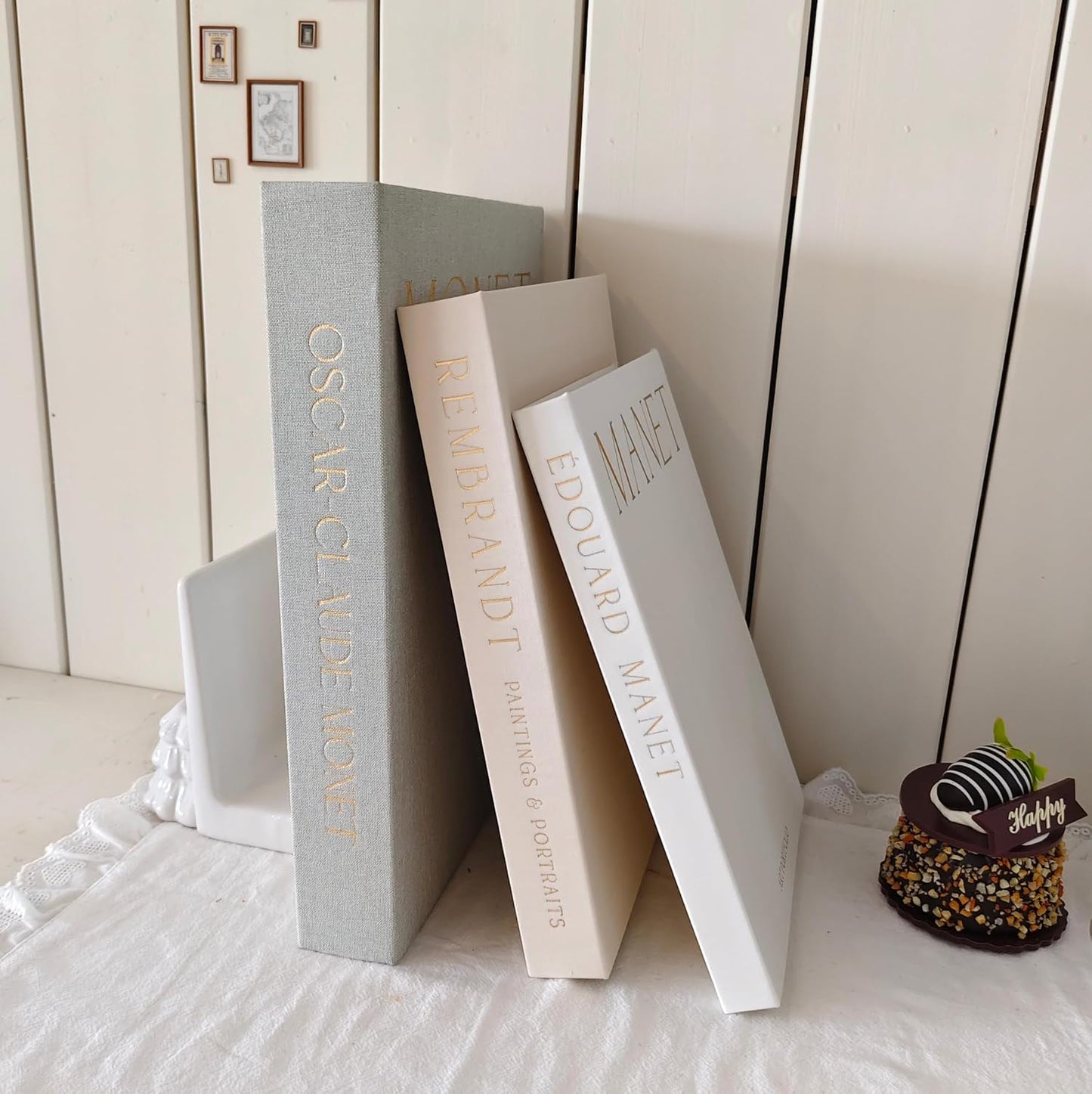 Fake Faux Books / Linen Sage-beige-white / Set of 3