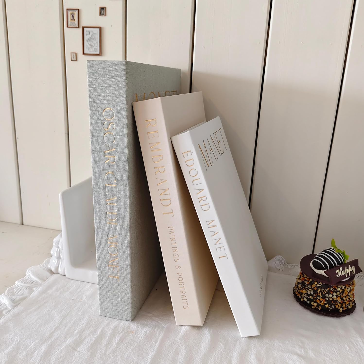Fake Faux Books / Linen Sage-beige-white / Set of 3