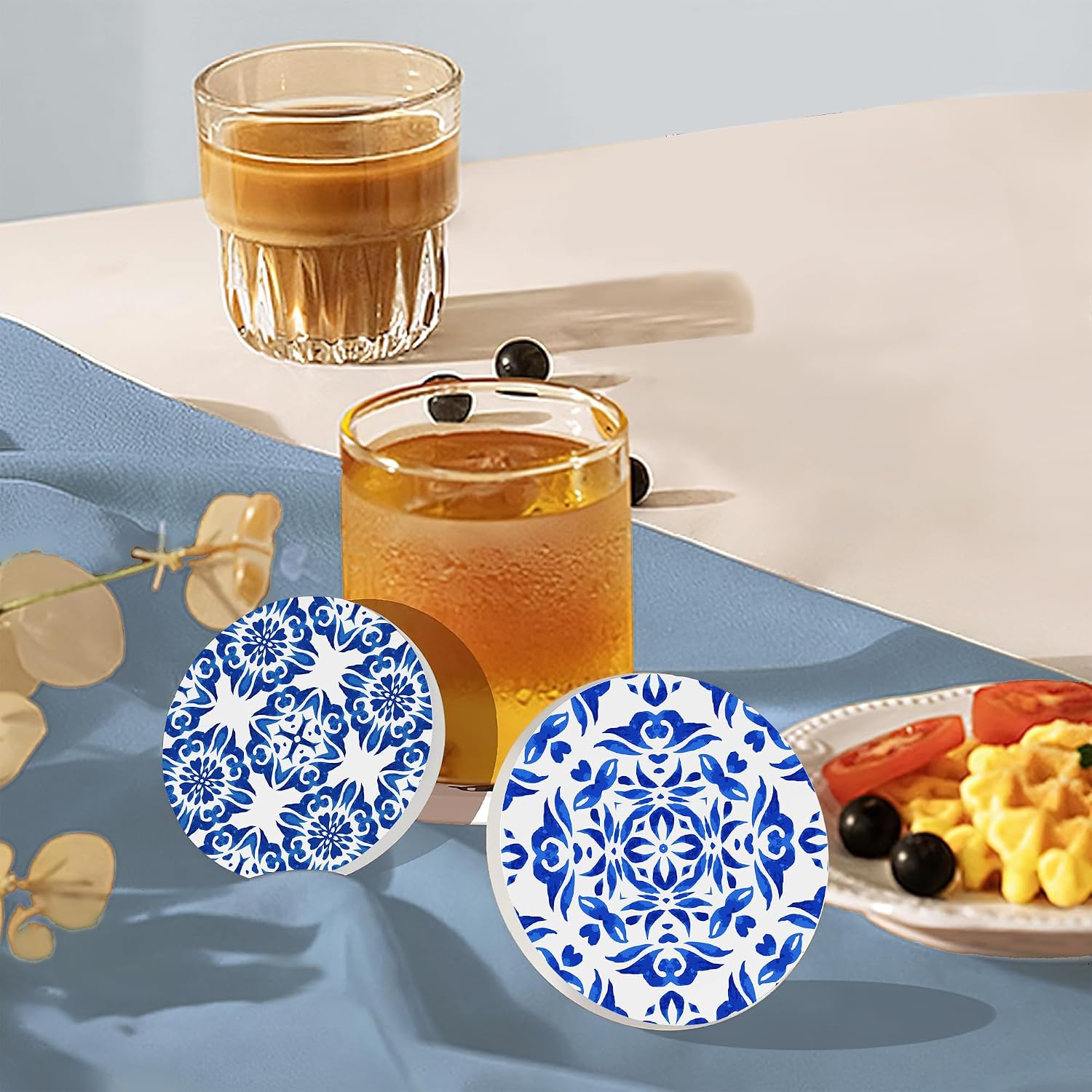 Holder / Absorbent Ceramic Coasters / Handpainted Blue Pattern / Set of 6
