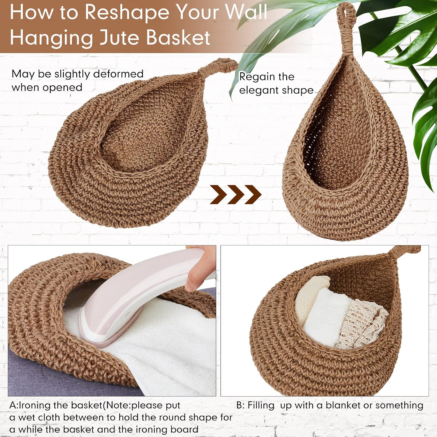 Boho Decor Hanging Wall Baskets / Linen / Jute / Teardrop / Set of 3