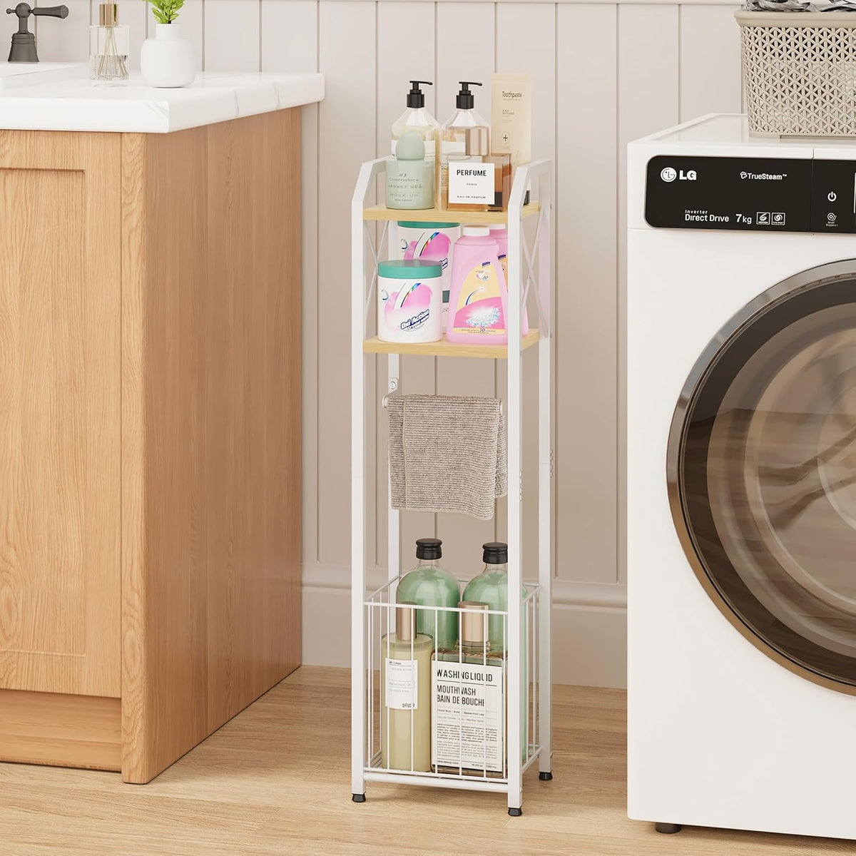 HapiRm Freestanding Toilet Paper Holder - 4-Tier Bathroom Tissue Organizer with Wood Shelves and Large Basket, Toilet