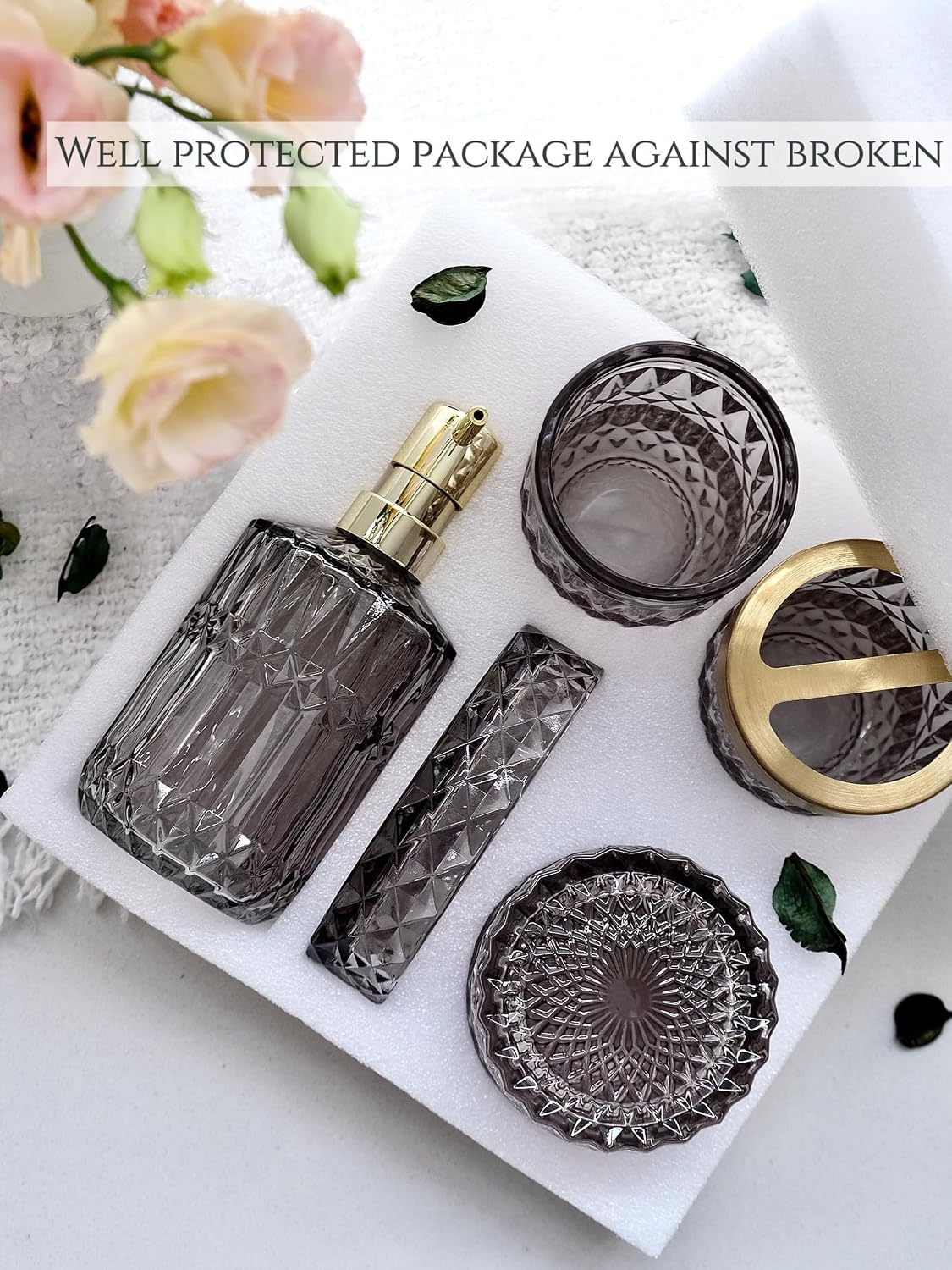 LaMarriti Gray Bathroom Accessories Set, 5Pcs Glass Bathroom Set | Soap Dispenser and Toothbrush Holder Set, Soap Dish