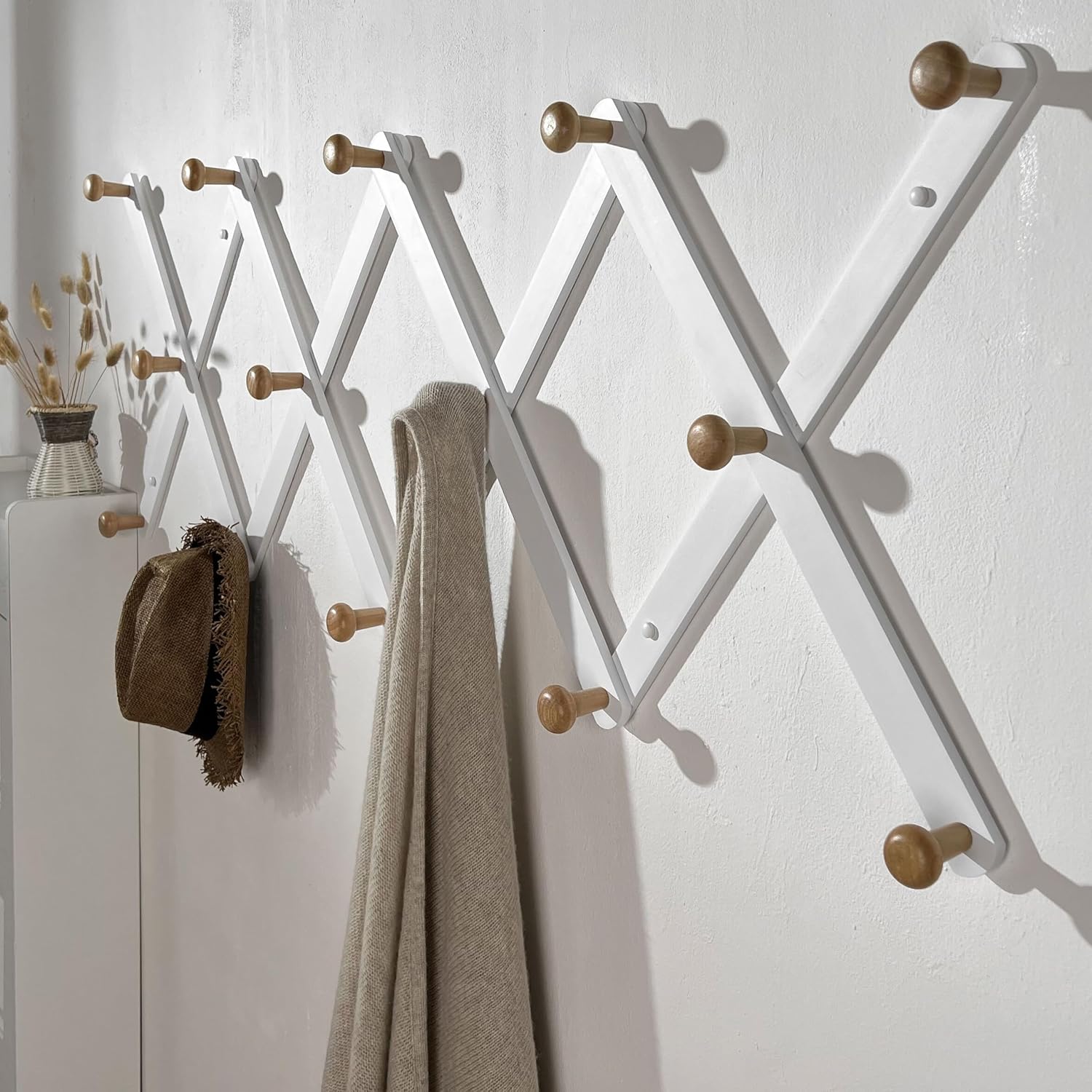 SKOLOO Large Hat Rack for Wall, Wooden Accordion Wall Hanger, Modern, Expandable Coat Hooks, Hat Display Rack for Home