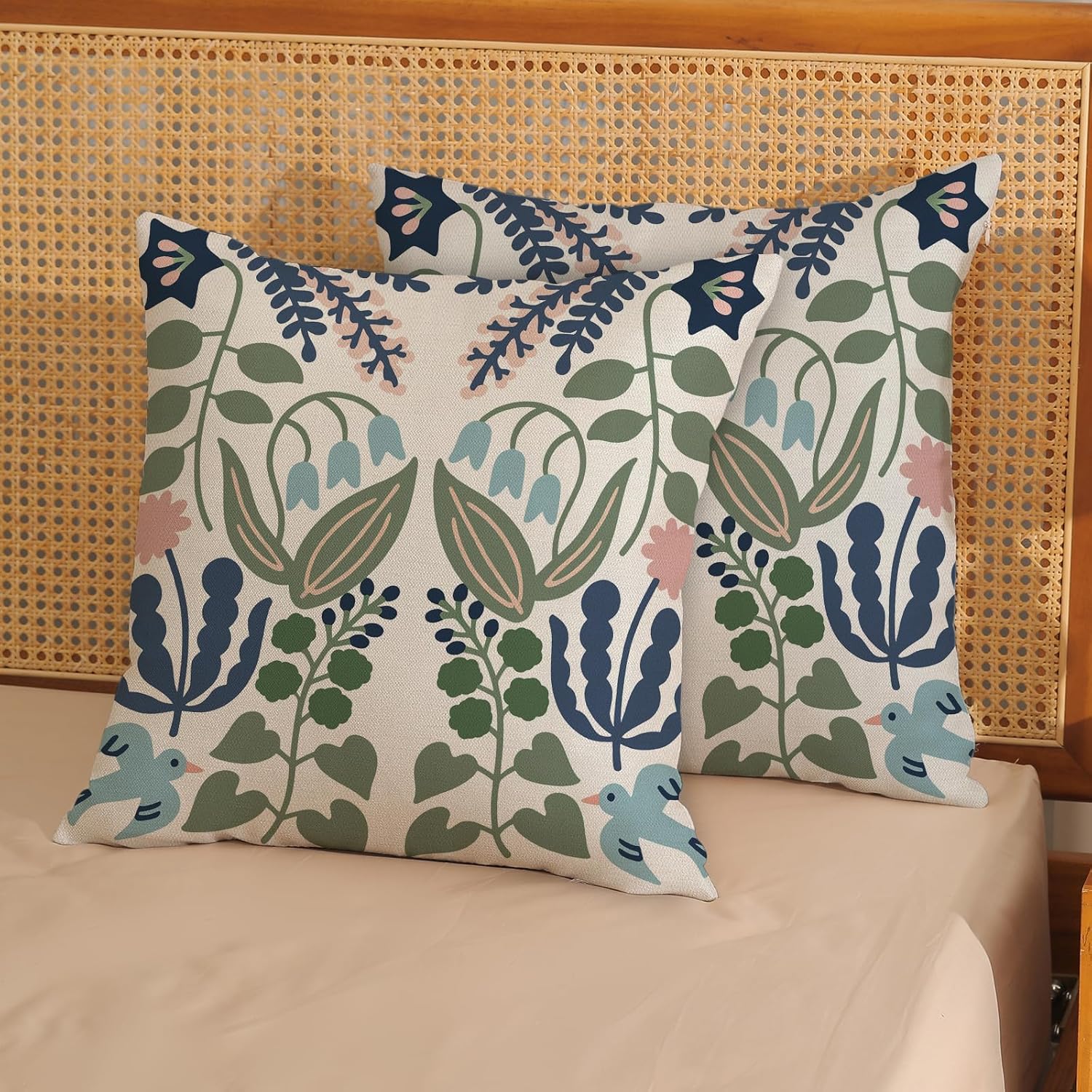 Navy Blue Boho Pillow Covers Sage Green Floral Decor / 18 x 18 / Blue Green Boho Floral / Set of 2