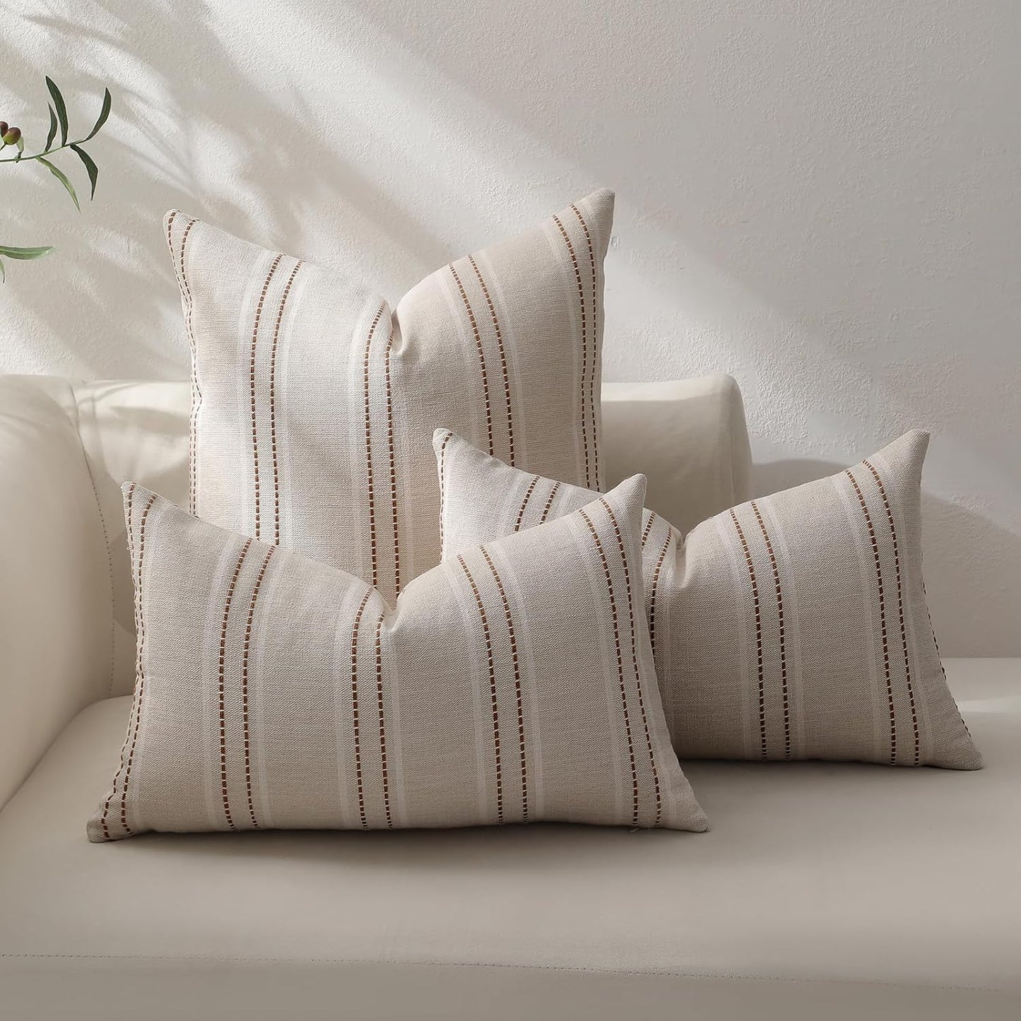Rust Throw Pillow Covers Striped Fall Pillow Covers Textured Linen / Caramel / 20 x 20 / Set of 2