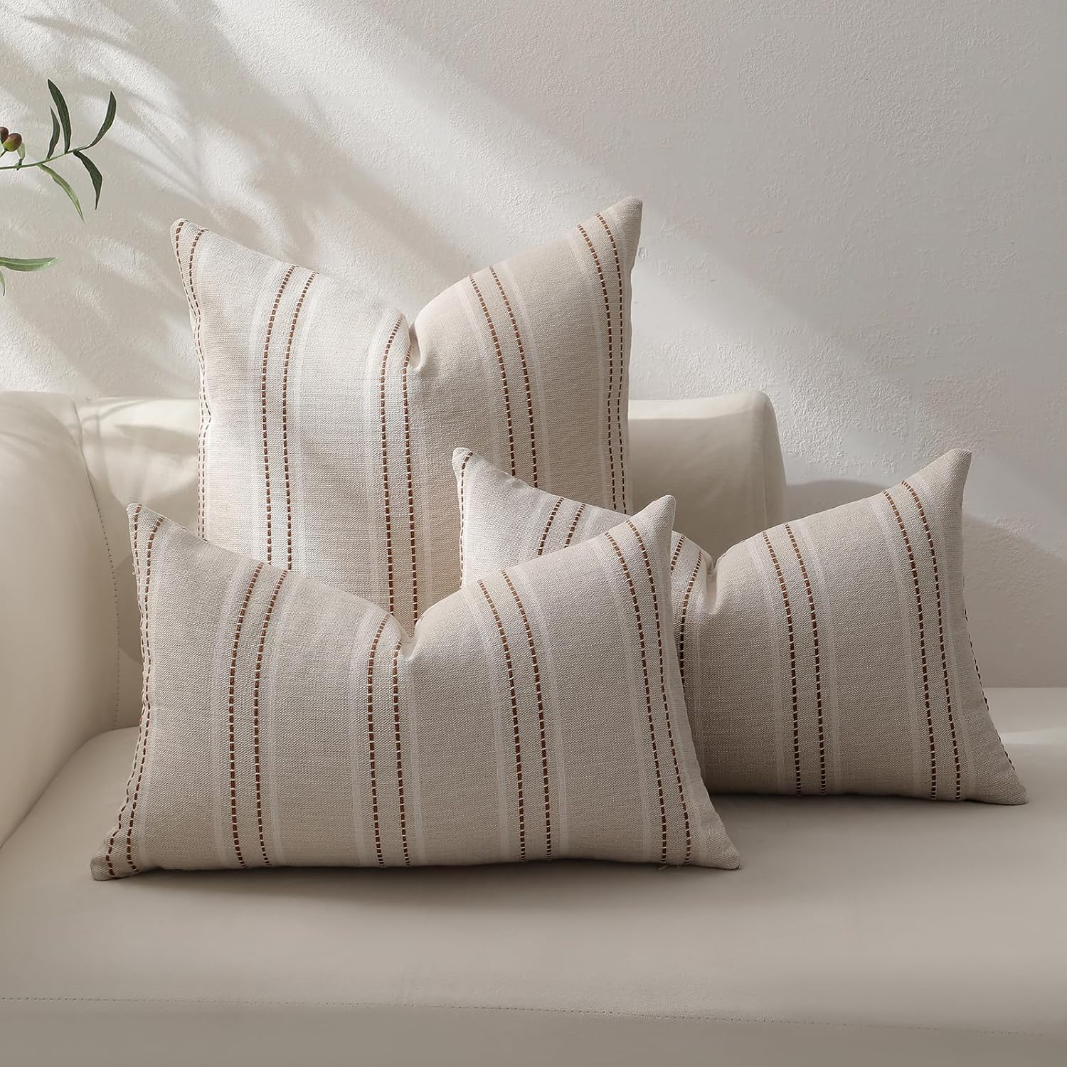 Rust Throw Pillow Covers Striped Fall Pillow Covers Textured Linen / Caramel / 20 x 20 / Set of 2