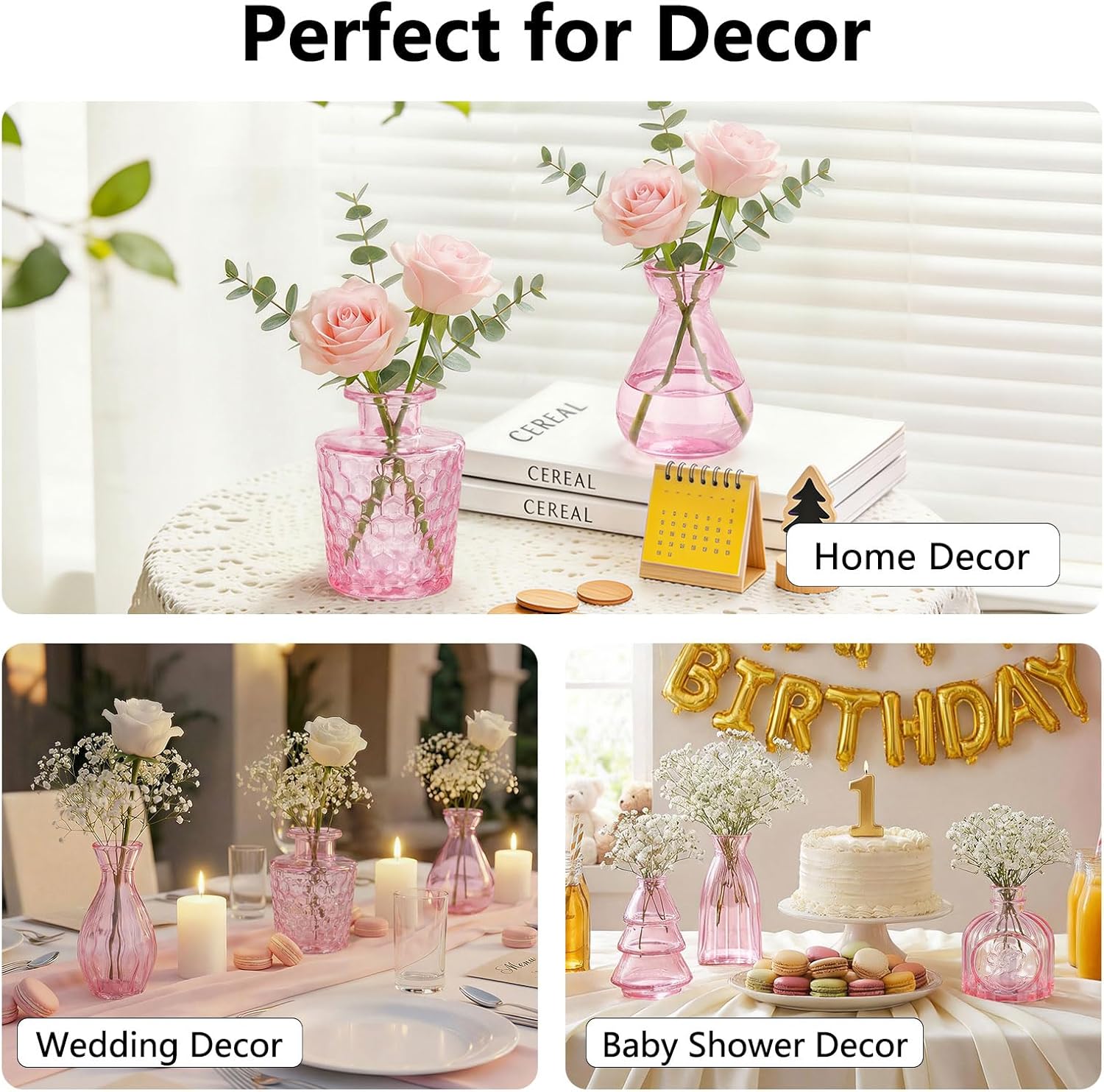 Glass Bud Vases Mini Flower Vase Small Vintage Vases for Centerpiece Table Wedding / Pink