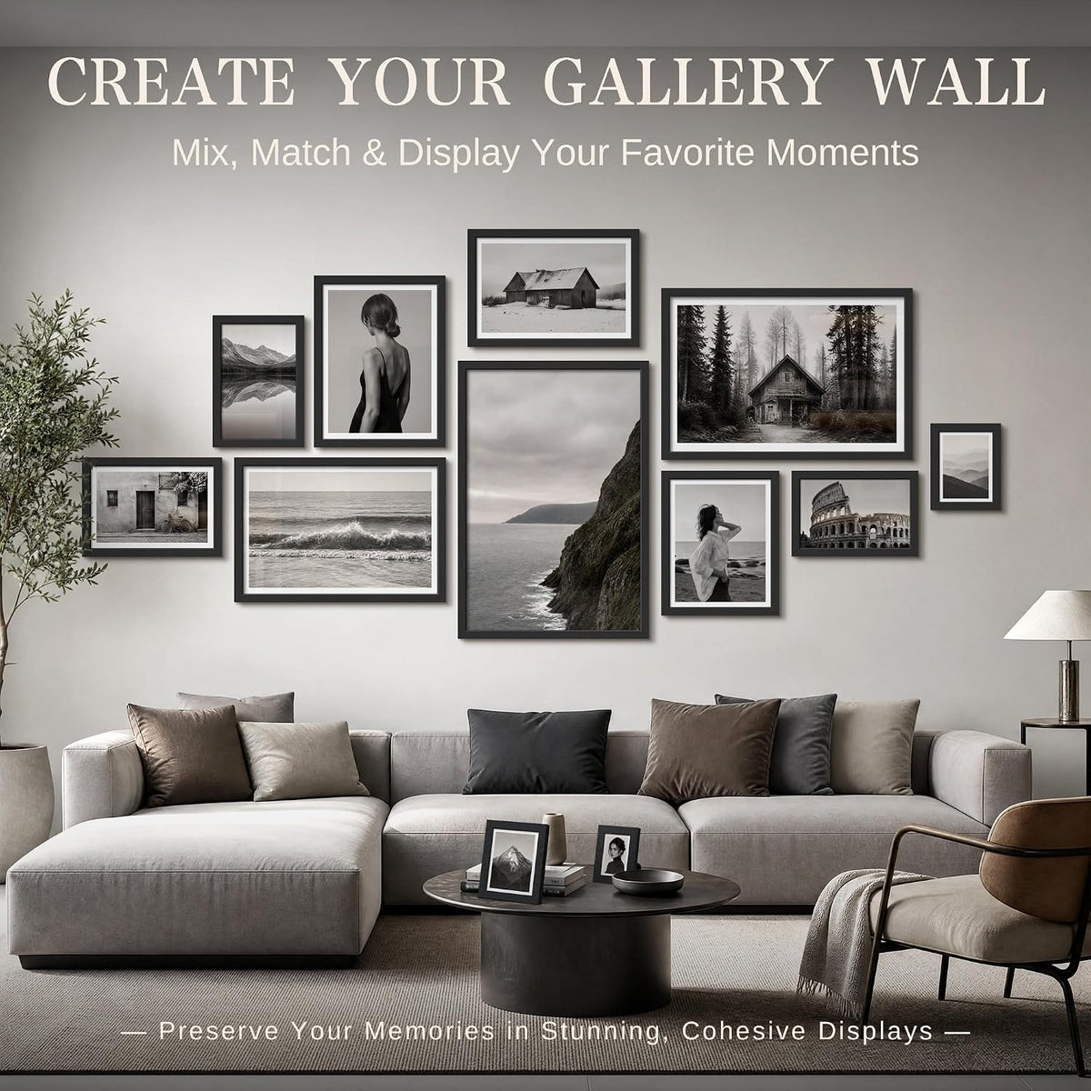 VCK 12x18 Picture Frame Set of 10 - Black, Wide Border Solid Wood Frame, Display Pictures in Horizontal and Vertical