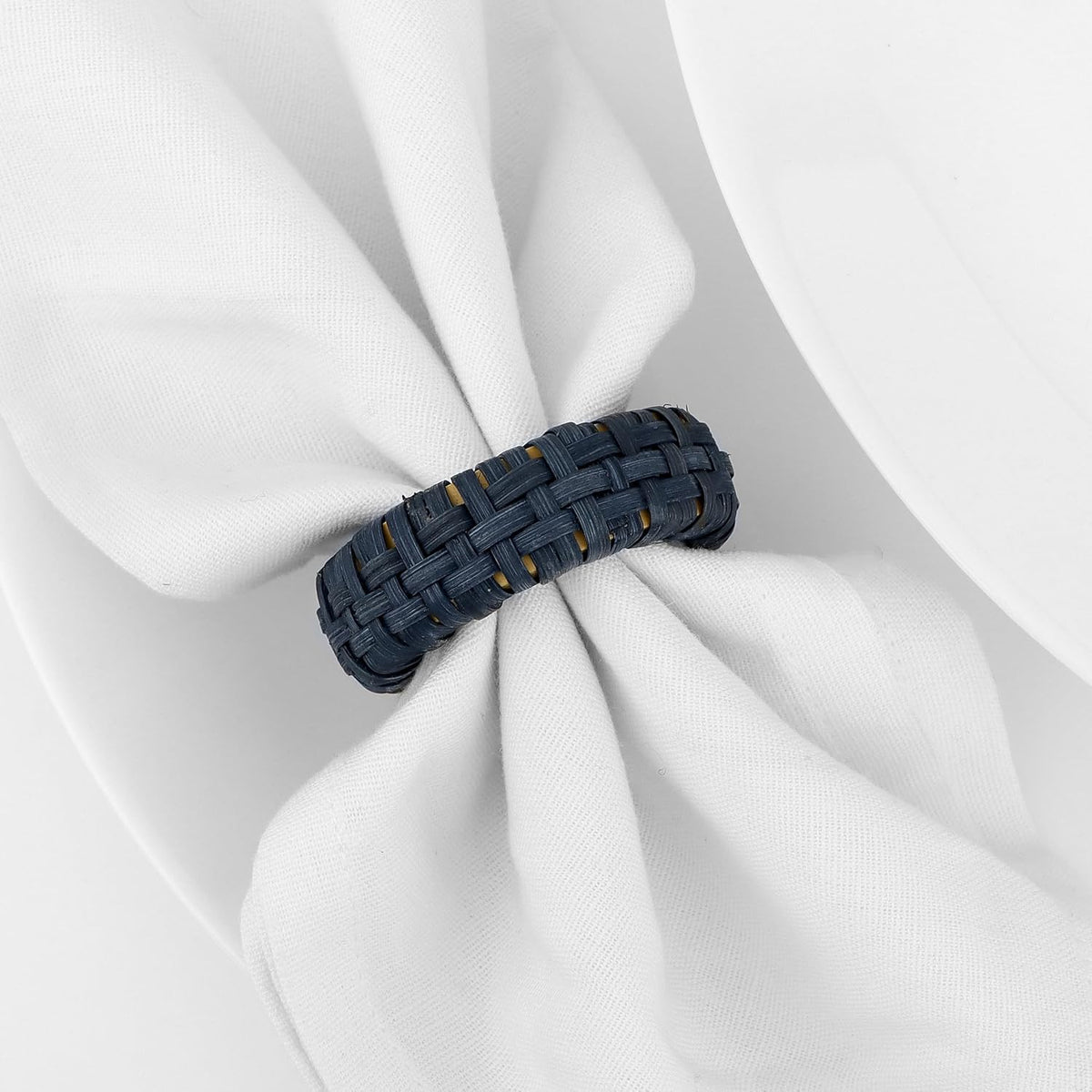 Cane Woven Napkin Rings, Navy Blue, 12-Pack | Natural cane, durable plastic core, 2.25x2.25x0.5 in, bohemian coastal