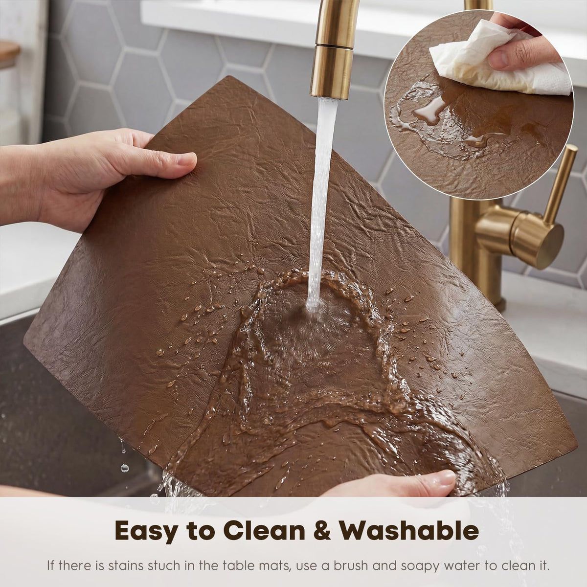 Artoid Mode Brown Faux Leather Placemats Set of 6, 12x18 Inch Waterproof Wipeable Heat Resistant Vinyl Place Mats