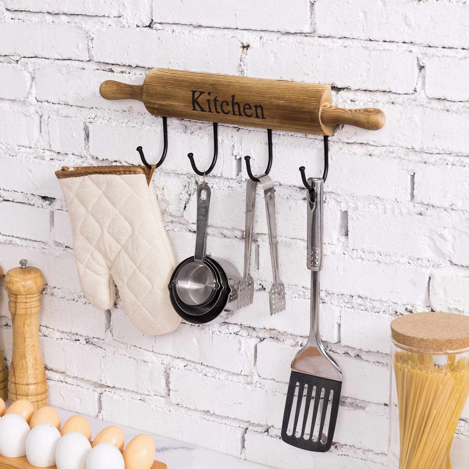 Rustic Burnt Brown Wood Kitchen Hooks for Hanging Cooking Utensils / Rustic Brown