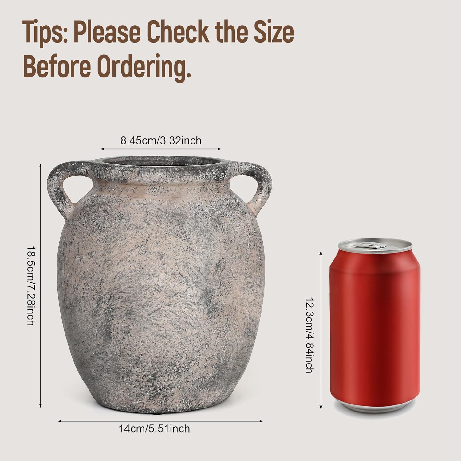 7.28" Double Handle Terracotta Ceramic Vase / 7.28 In-rustic-gray