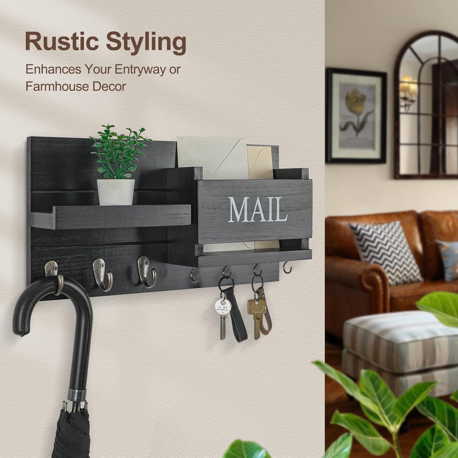 Shelf Includes Letter Holder and Hooks for Hallway Farmhouse / Black