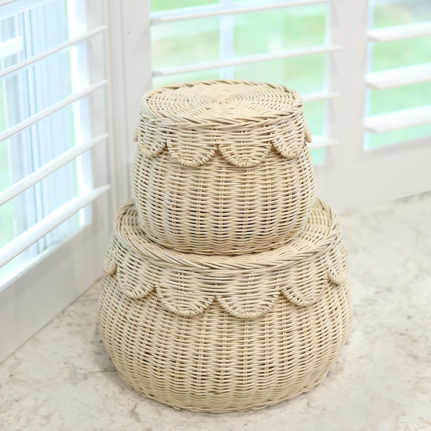 Scalloped Basket Small Rattan Decorative Storage Baskets / Natural / Set of 2