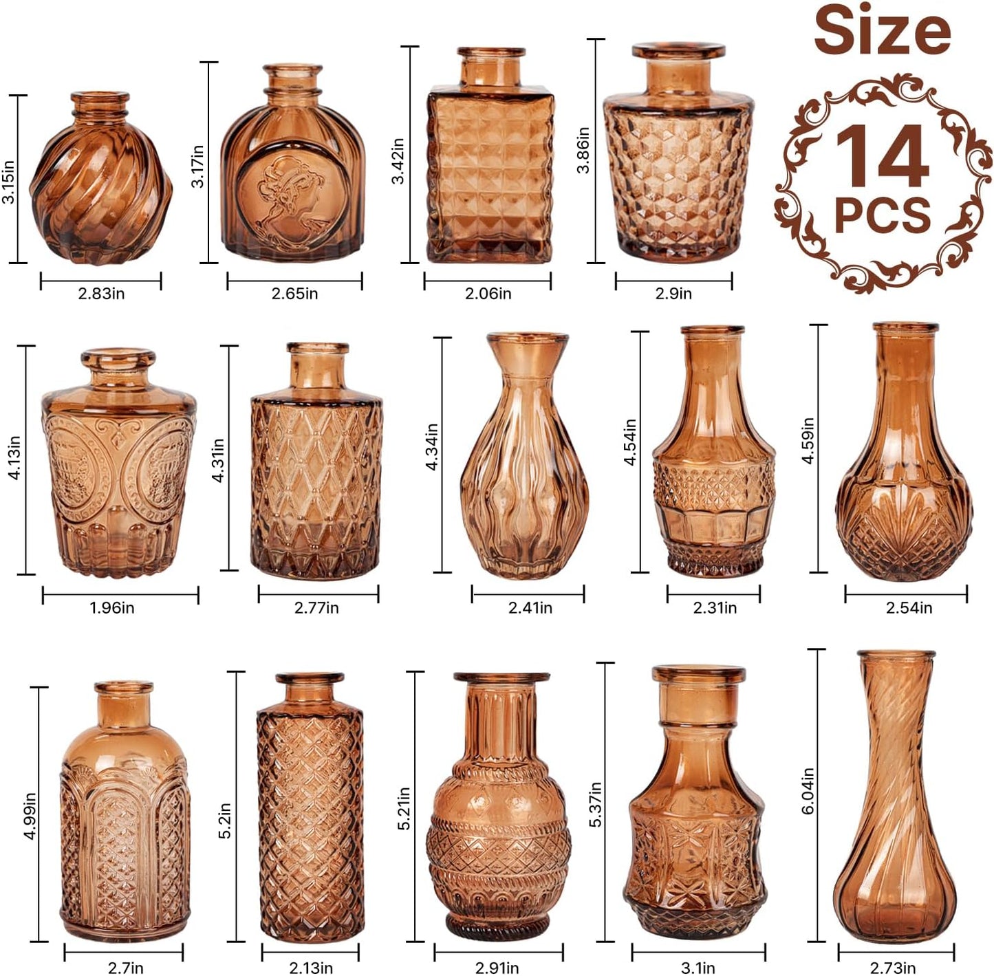 Glass Bud Vase Pcs / Amber / Clear / Set of 14
