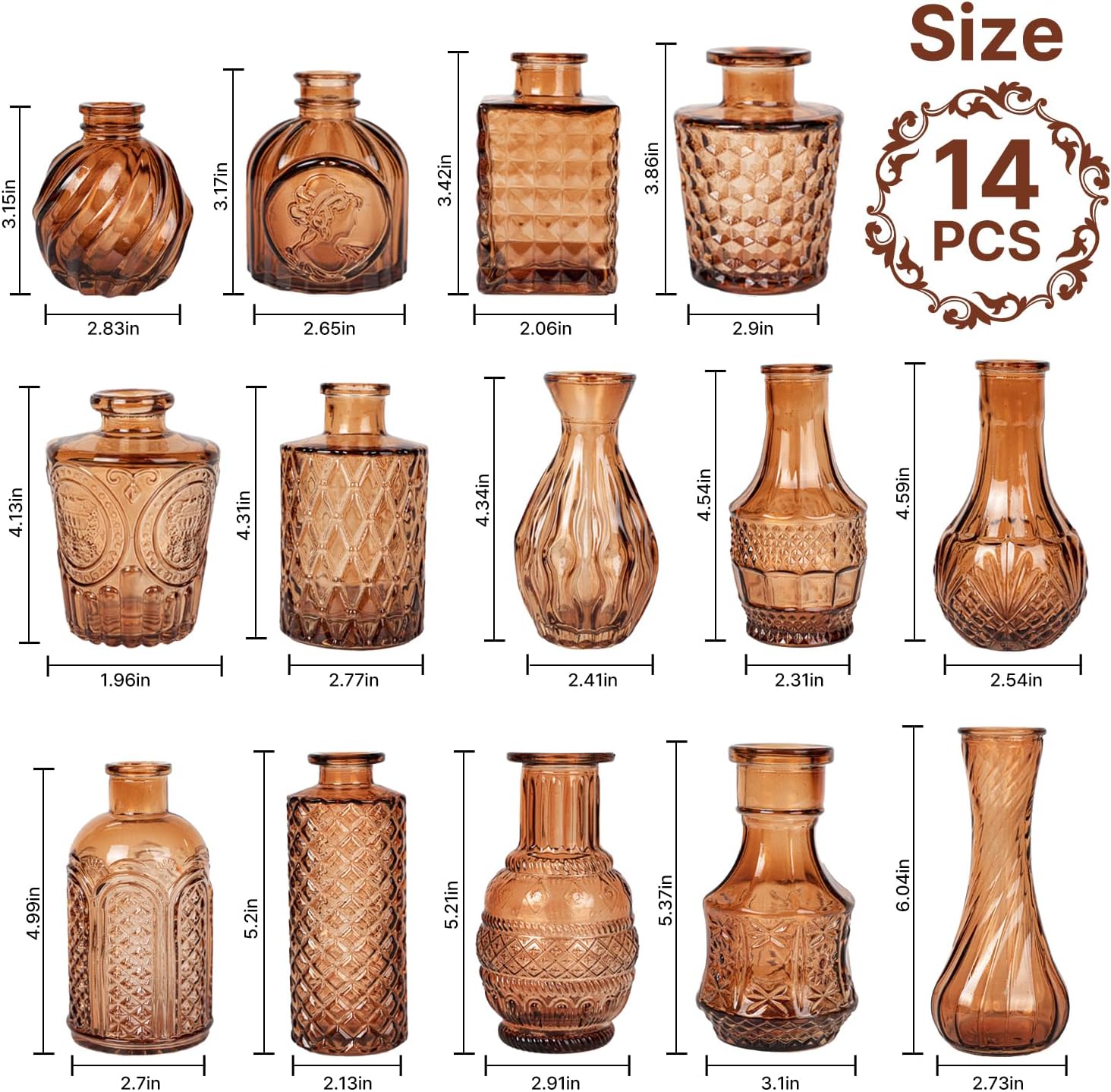 Glass Bud Vase Pcs / Amber / Clear / Set of 14