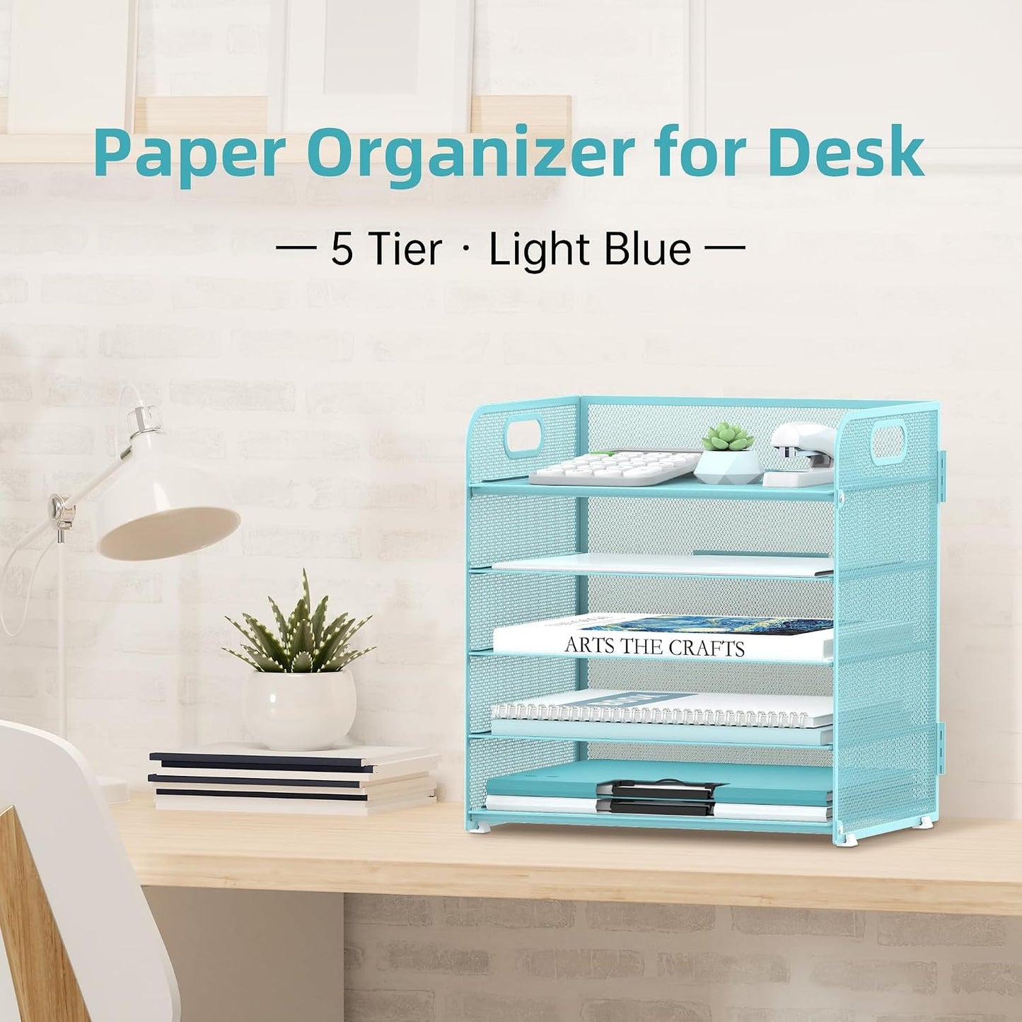 2 Pack 5-Tier Blue Desk Organizer with Handle Mesh Desk File/Paper Organizer Letter Tray for Office, School and Home