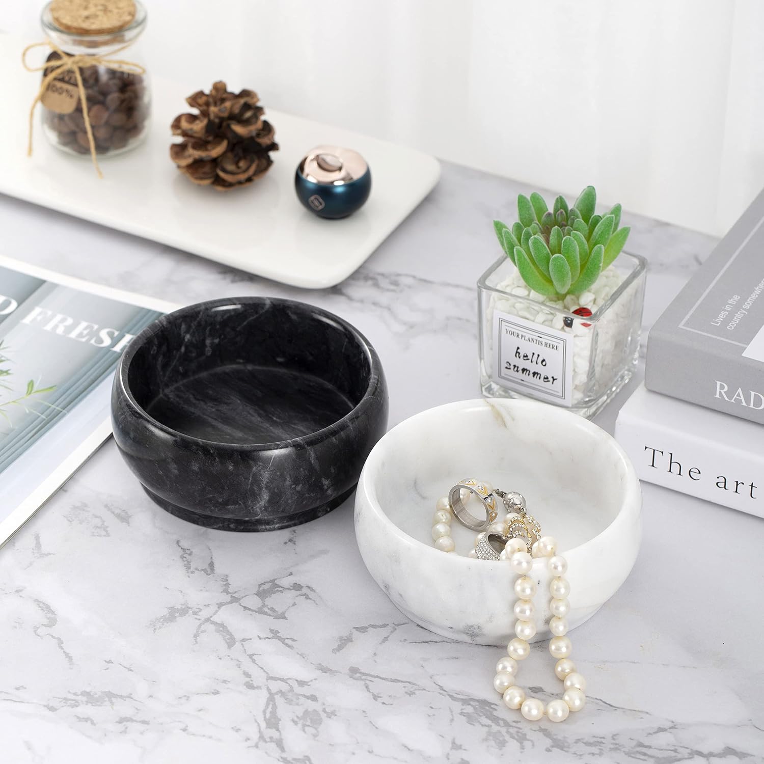 Rings Holder / Marble Jewelry Dish / White & Light-grey