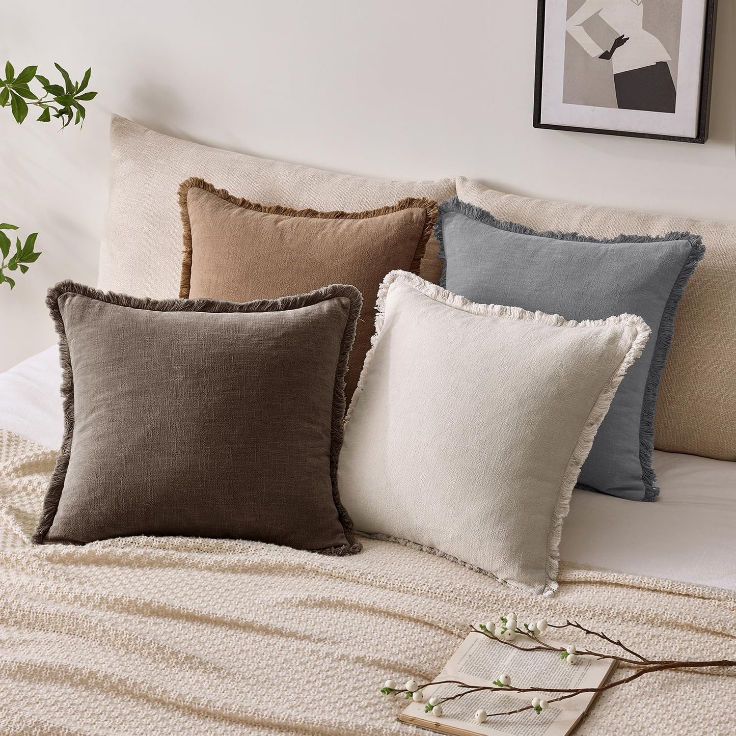 Decorative Linen Fringe Throw Pillow Covers Boho Accent / 20 x 20 / Reddish Brown / Set of 2