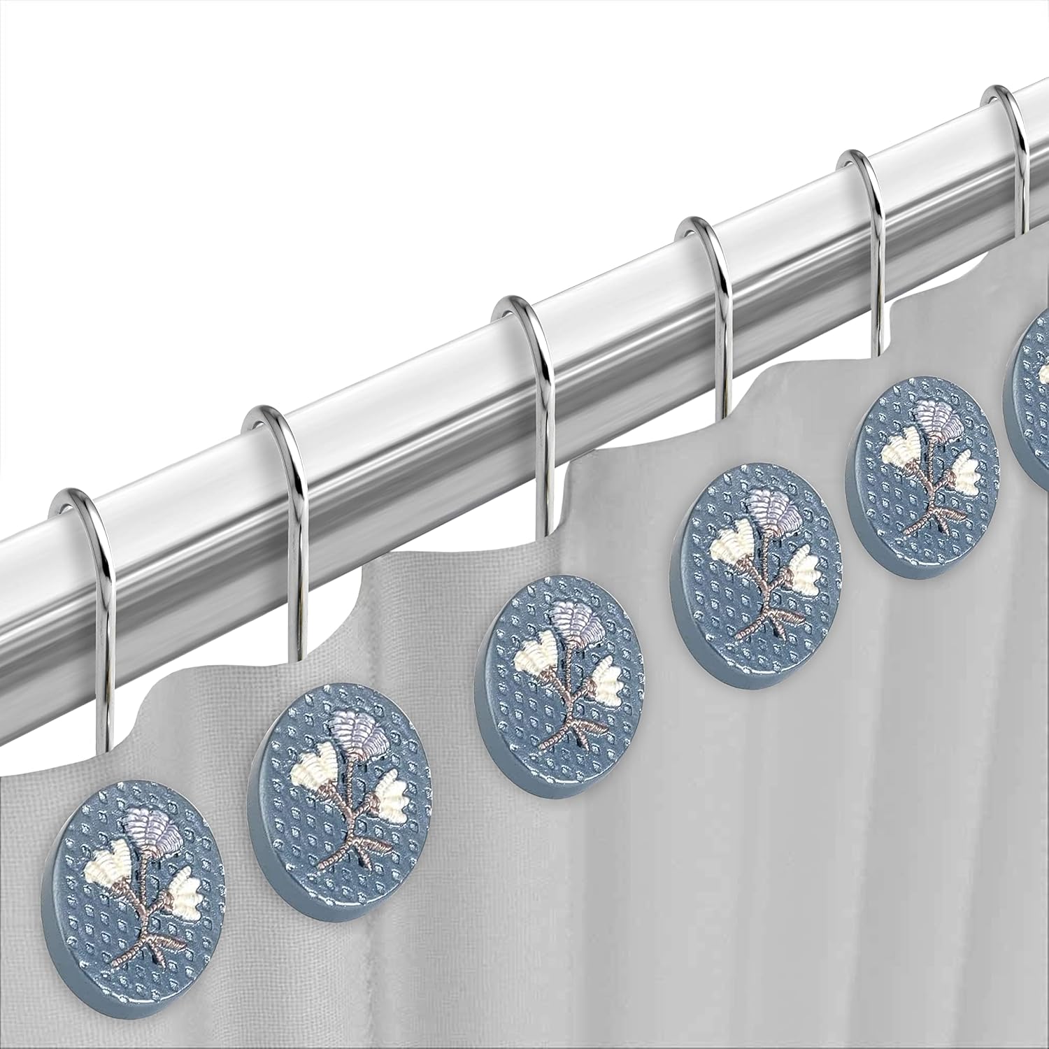 Zahari Home 13pc Capri Bathroom Sheer Shower Curtain Sets & 12 Hooks - Modern Classic Luxury Contemporary Decor Blue